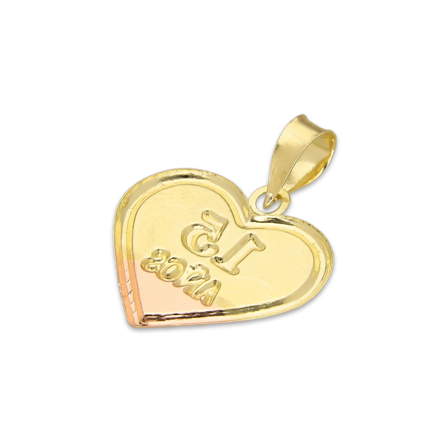 LPEDJ023 Dije Troquelado Oro Sólido 14K Florentino Corazón XV Años 1.6 cm x 2.2 cm
