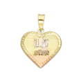 LPEDJ023 Dije Troquelado Oro Sólido 14K Florentino Corazón XV Años 1.6 cm x 2.2 cm
