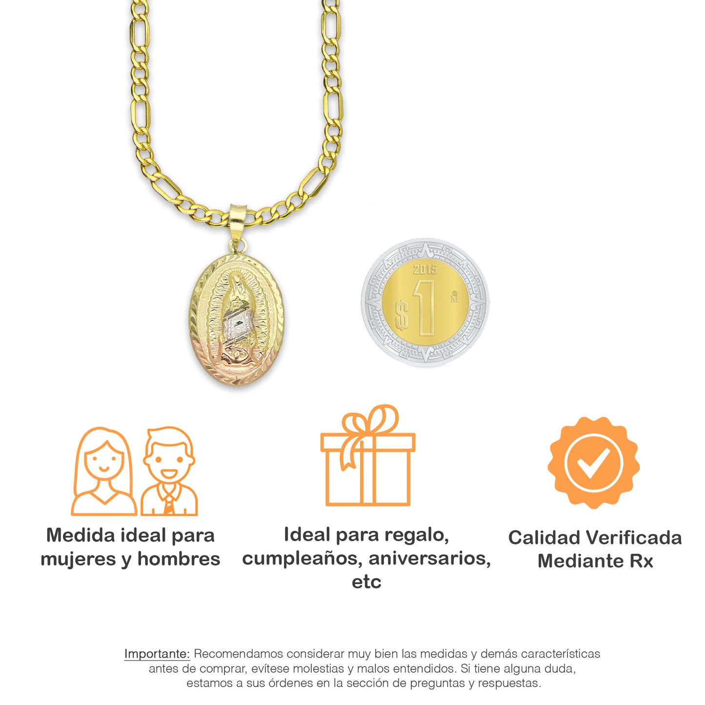 LPEDP001 Cadena Oro Sólido 10K + Dije Medalla Oval Troquelada Oro Sólido 14K Florentino Virgen de Guadalupe 1.5 cm x 2.8 cm 4293620574