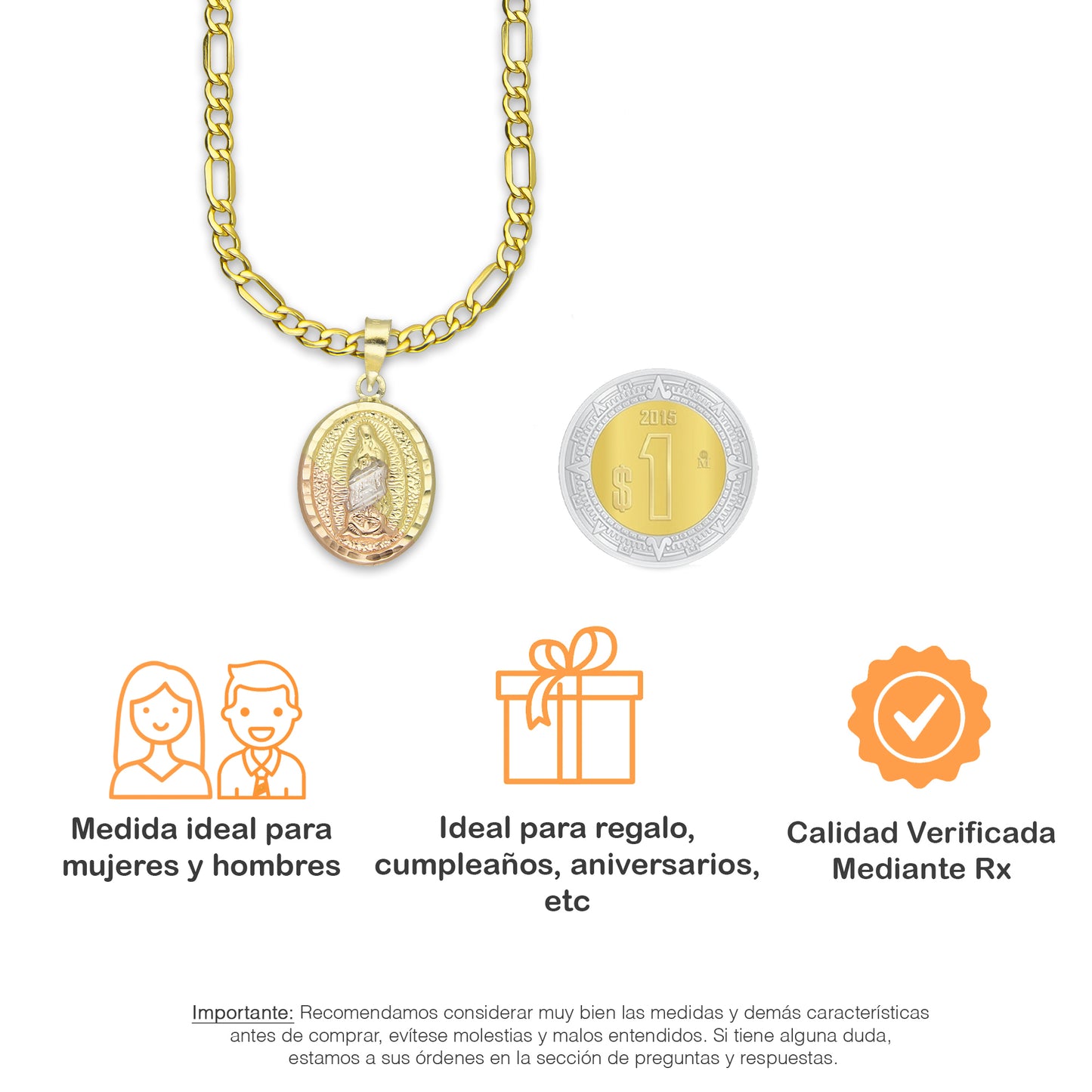 LPEDP002 Cadena Oro Sólido 10K + Dije Medalla Oval Troquelada Oro Sólido 14K Florentino Virgen de Guadalupe 1.3 cm x 2.4 cm 2533033781