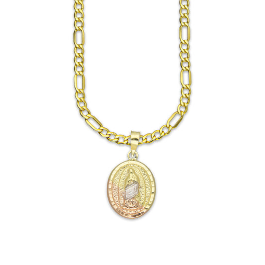 LPEDP002 Cadena Oro Sólido 10K + Dije Medalla Oval Troquelada Oro Sólido 14K Florentino Virgen de Guadalupe 1.3 cm x 2.4 cm 2533033781