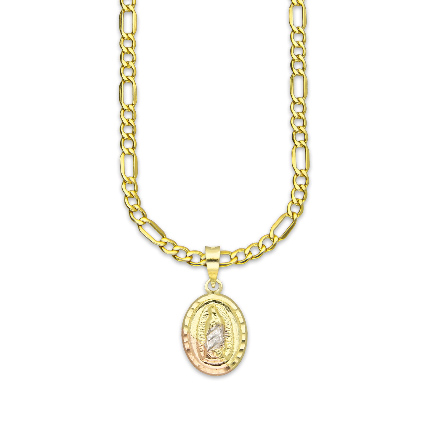 LPEDP003 Cadena Oro Sólido 10K + Dije Medalla Oval Troquelada Oro Sólido 14K Florentino Virgen de Guadalupe 1.1 cm x 2.2 cm 4293542958