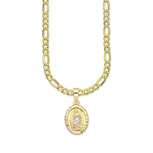 LPEDP003 Cadena Oro Sólido 10K + Dije Medalla Oval Troquelada Oro Sólido 14K Florentino Virgen de Guadalupe 1.1 cm x 2.2 cm 4293542958