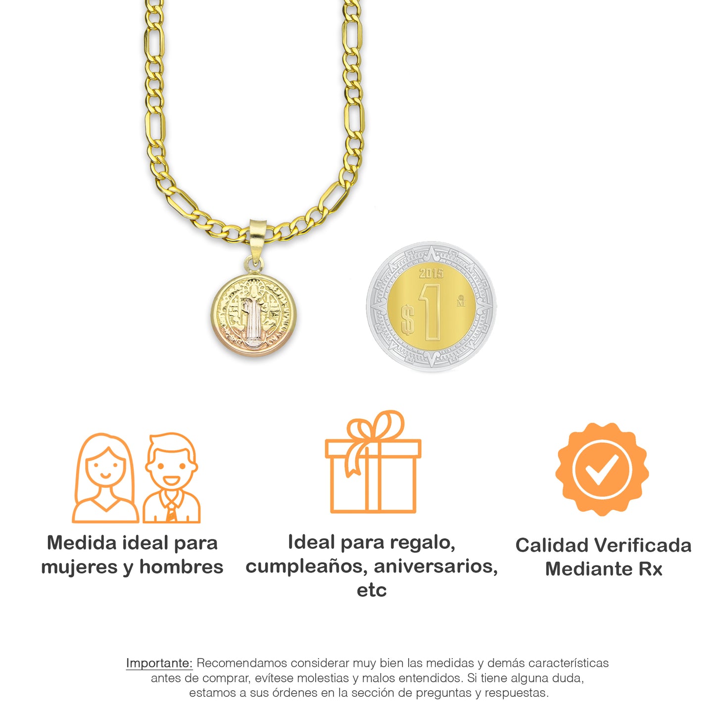 LPEDP005 Cadena Oro Sólido 10K + Dije Medalla Redonda Troquelada Oro Sólido 14K Florentino San Benito 1.3 cm x 2 cm 4293529870