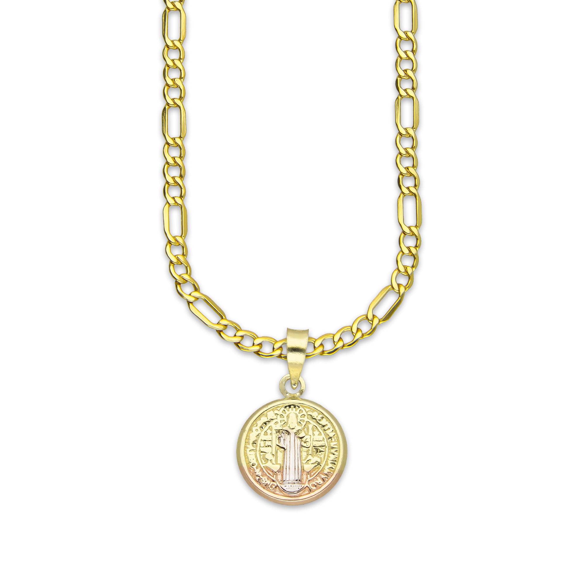 LPEDP005 Cadena Oro Sólido 10K + Dije Medalla Redonda Troquelada Oro Sólido 14K Florentino San Benito 1.3 cm x 2 cm 4293529870
