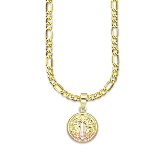 LPEDP005 Cadena Oro Sólido 10K + Dije Medalla Redonda Troquelada Oro Sólido 14K Florentino San Benito 1.3 cm x 2 cm 4293529870