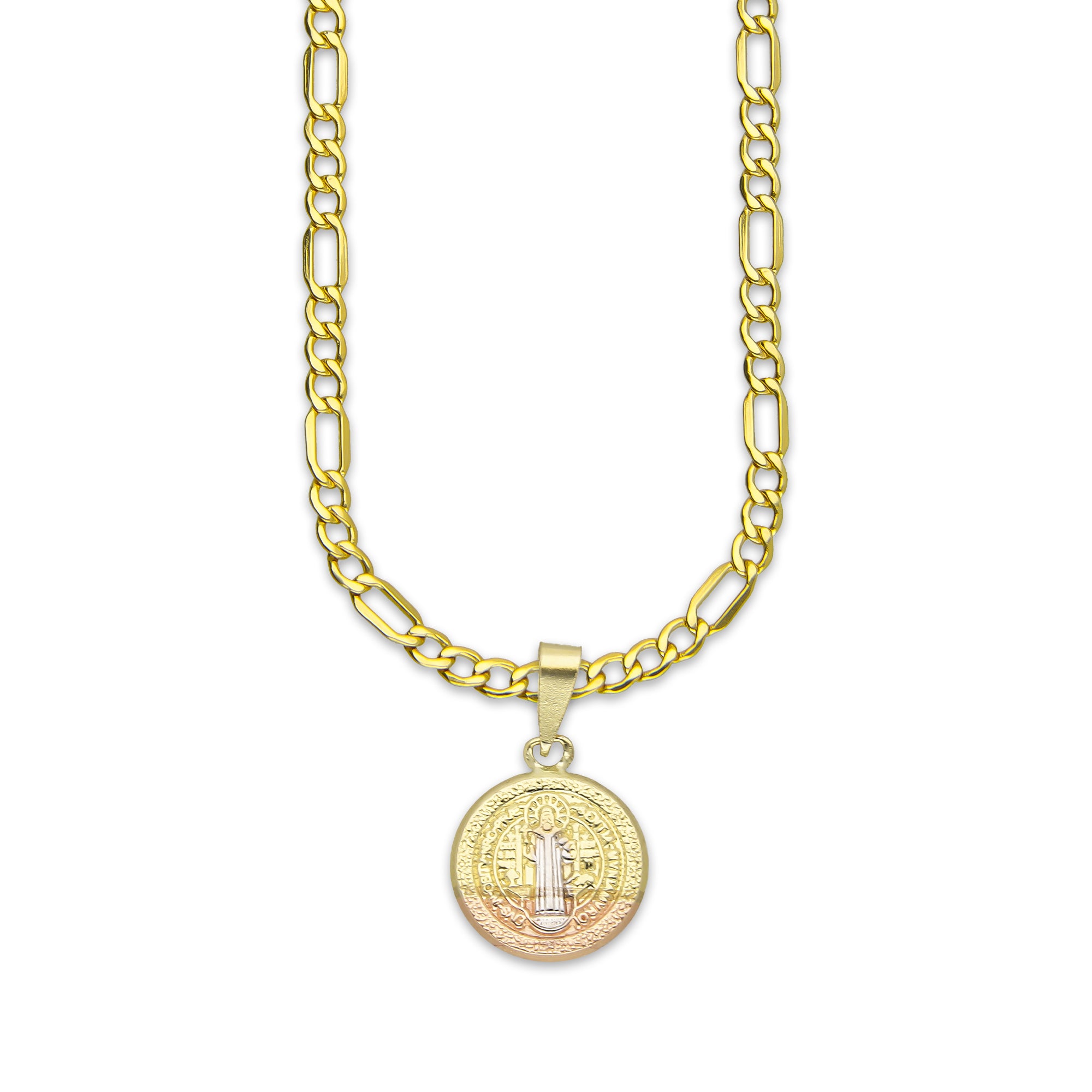 LPEDP006 Cadena Oro Sólido 10K + Dije Medalla Redonda Troquelada Oro Sólido 14K Florentino San Benito 1.1 cm x 1.9 cm 2533033783