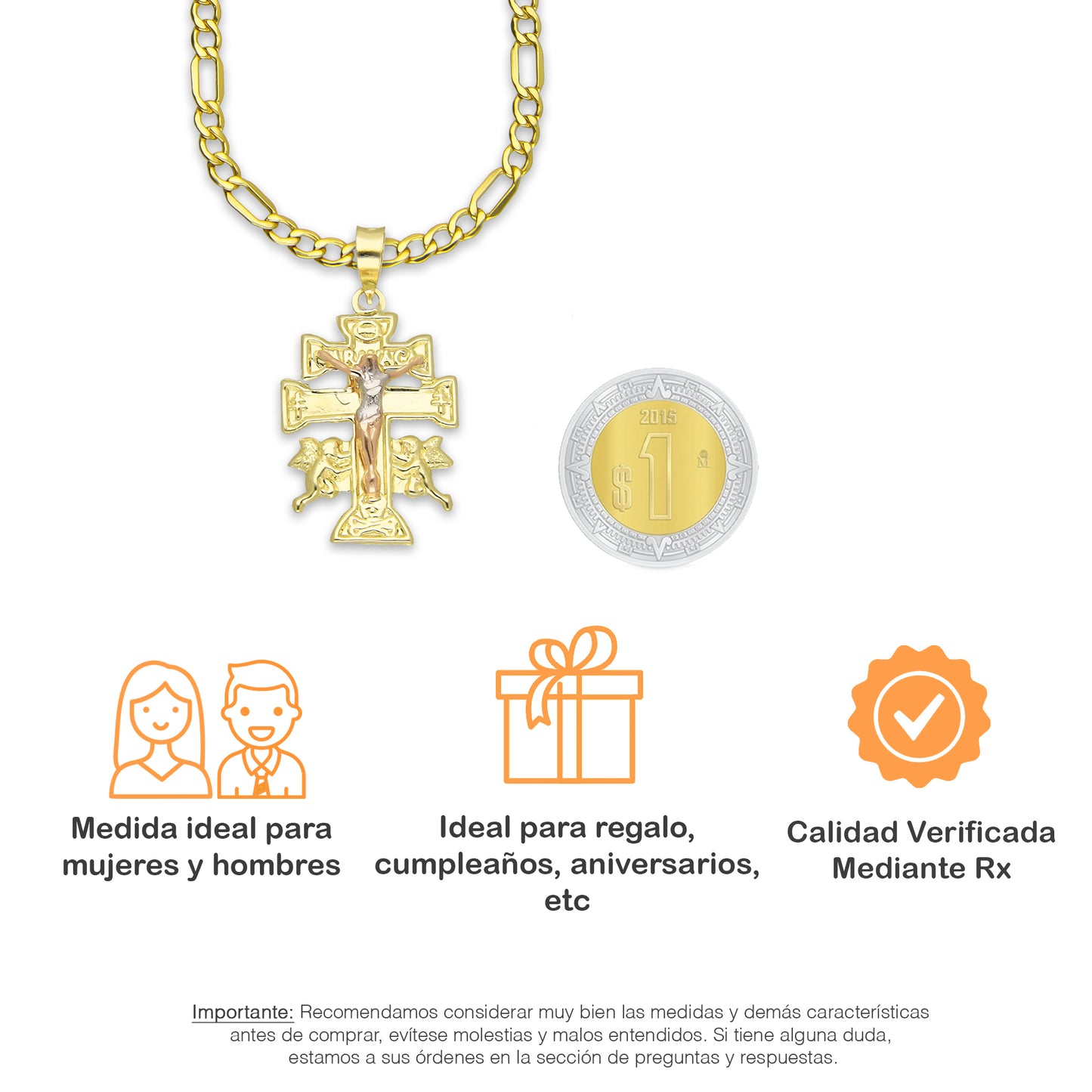 LPEDP008 Cadena Oro Sólido 10K + Dije Troquelado Oro Sólido 14K Florentino Crucifijo Cruz Caravaca 1.5 cm x 2.9 cm 4293581800