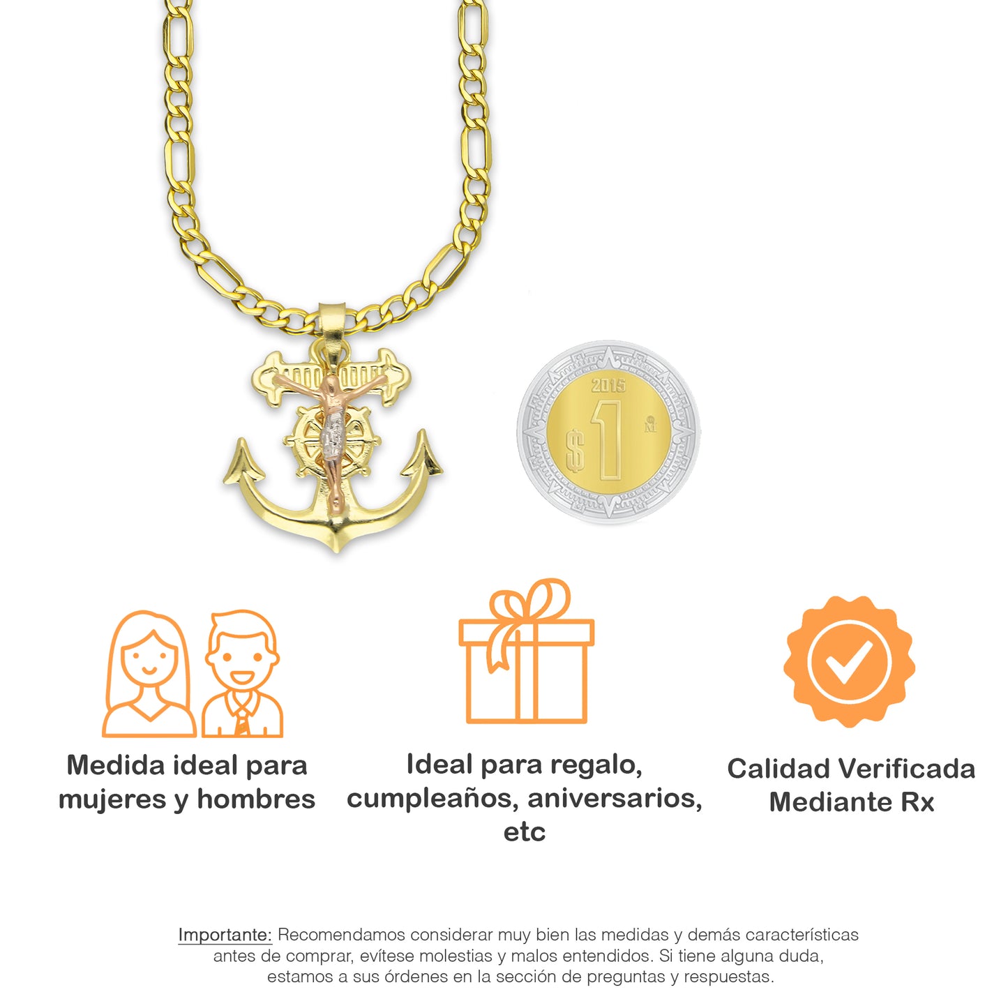 LPEDP010 Cadena Oro Sólido 10K + Dije Troquelado Oro Sólido 14K Florentino Crucifijo Ancla con Cristo 2 cm x 2.5 cm 4293711206