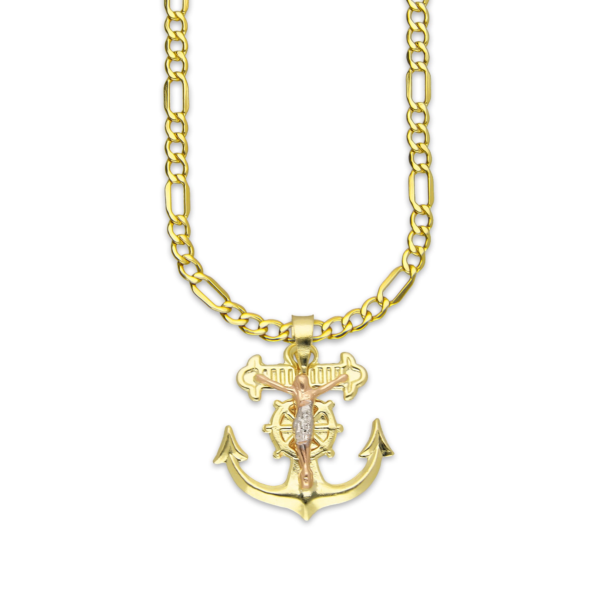 LPEDP010 Cadena Oro Sólido 10K + Dije Troquelado Oro Sólido 14K Florentino Crucifijo Ancla con Cristo 2 cm x 2.5 cm 4293711206