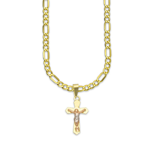 LPEDP012 Cadena Oro Sólido 10K + Dije Troquelado Oro Sólido 14K Florentino Crucifijo Cruz Lisa Goth con Cristo 1 cm x 2.4 cm 4293607530