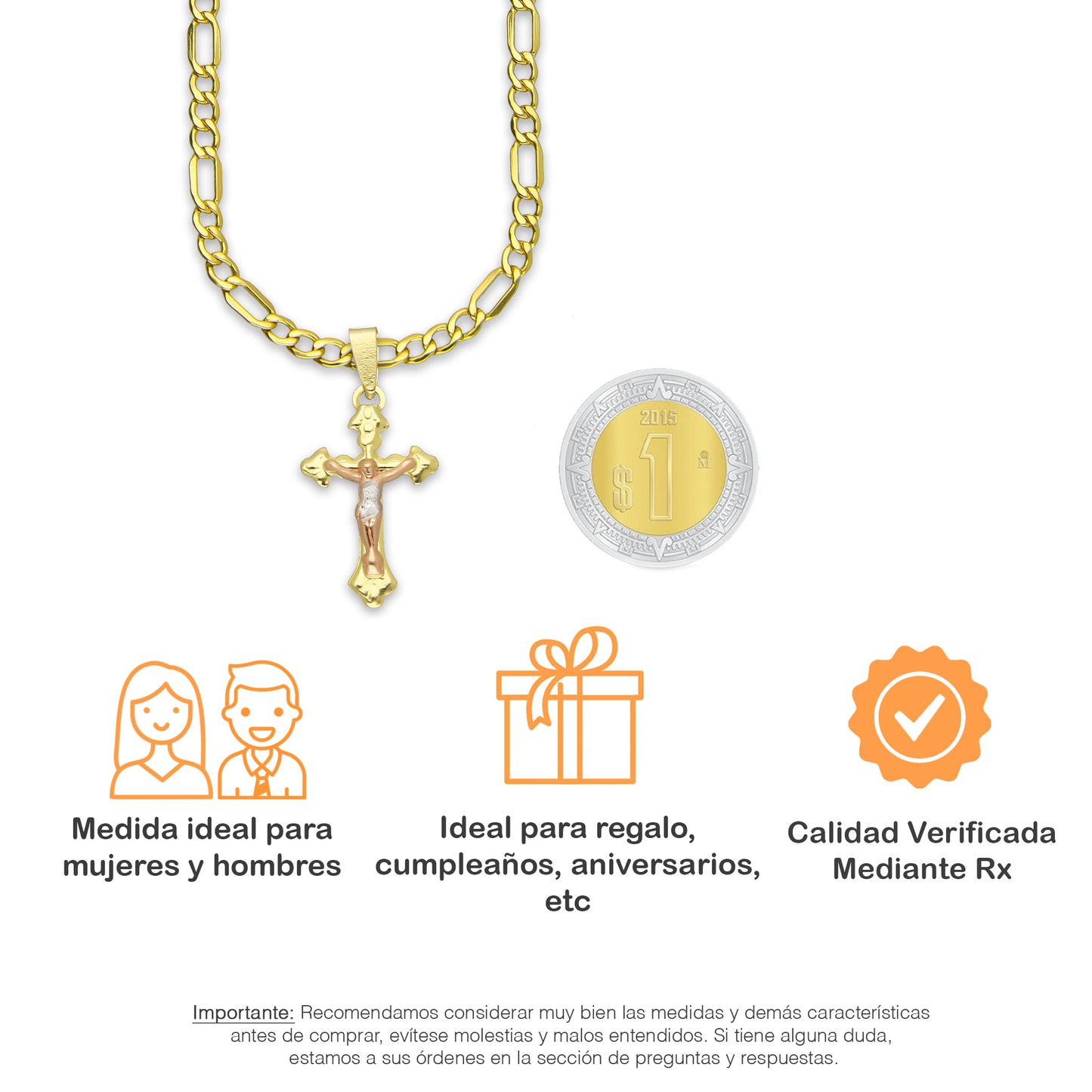 LPEDP013 Cadena Oro Sólido 10K + Dije Troquelado Oro Sólido 14K Florentino Crucifijo Cruz Ross Cristo 1.2 cm x 2.6 cm 4293749928