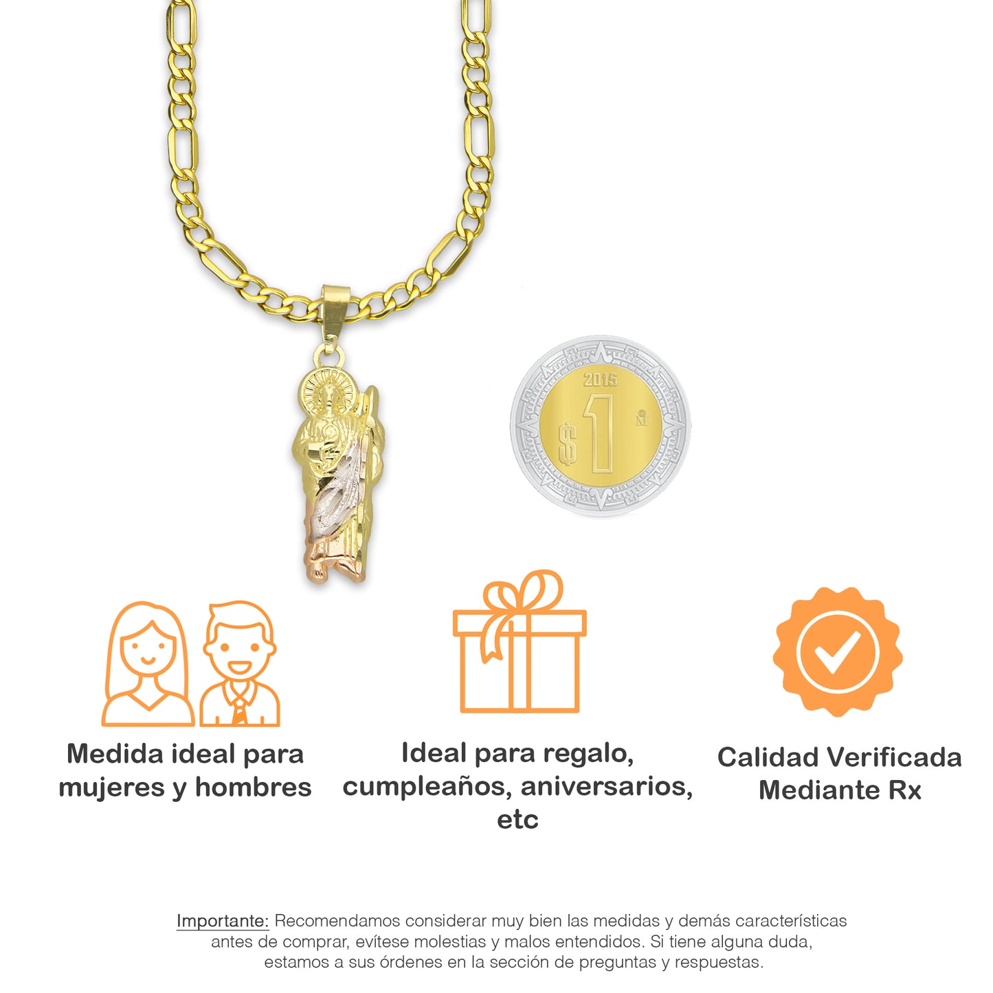 LPEDP017 Cadena Oro Sólido 10K + Dije Troquelado Oro Sólido 14K Florentino San Judas Tadeo 8 mm x 2.8 cm 4293581802