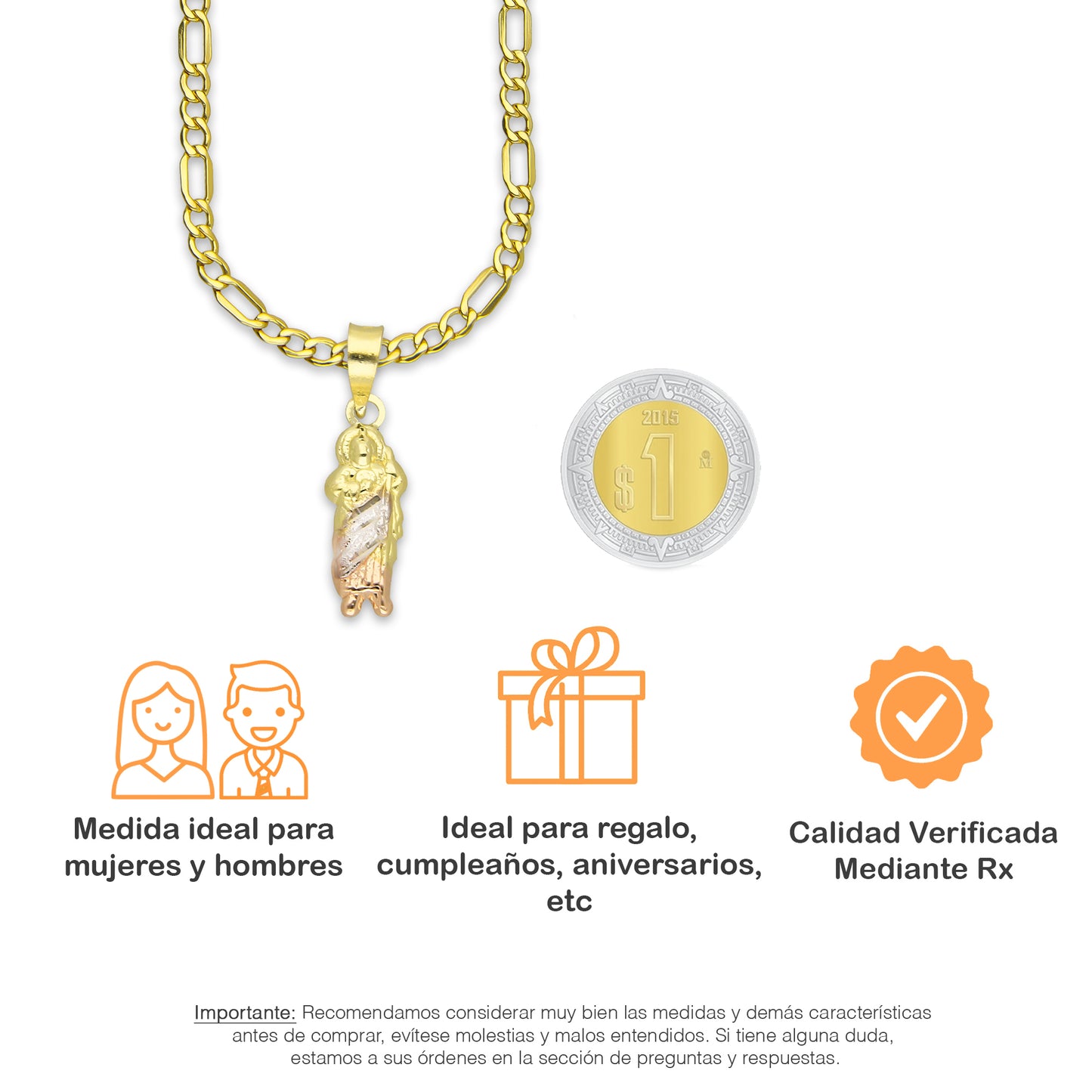 LPEDP018 Cadena Oro Sólido 10K + Dije Troquelado Oro Sólido 14K Florentino San Judas Tadeo 6 mm x 2.3 cm 4293711208