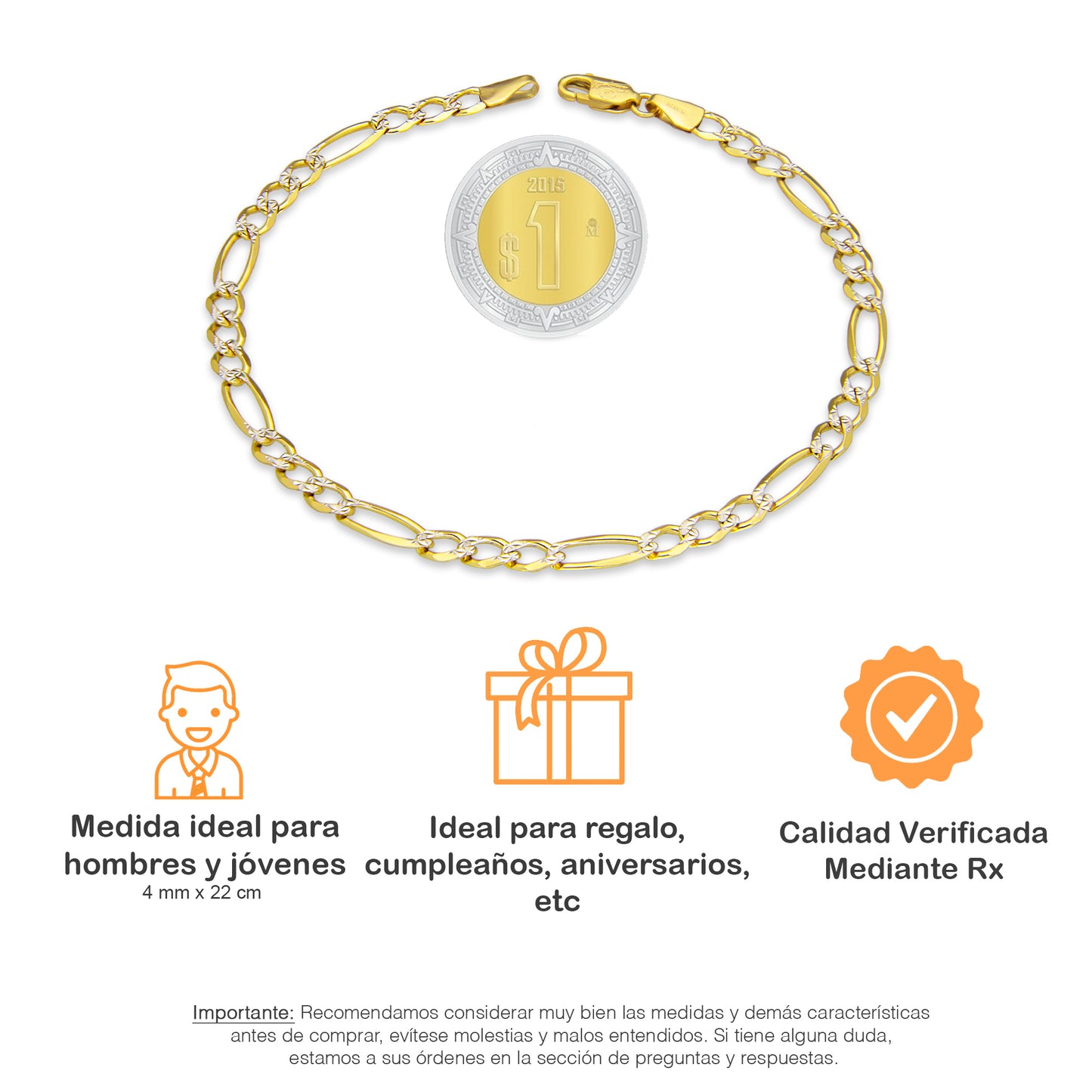 LPEPC003 Pulsera para Caballero Oro Sólido 10K Mod Fígaro 3x1 Diamantada 4 mm x 22 cm 4287314928