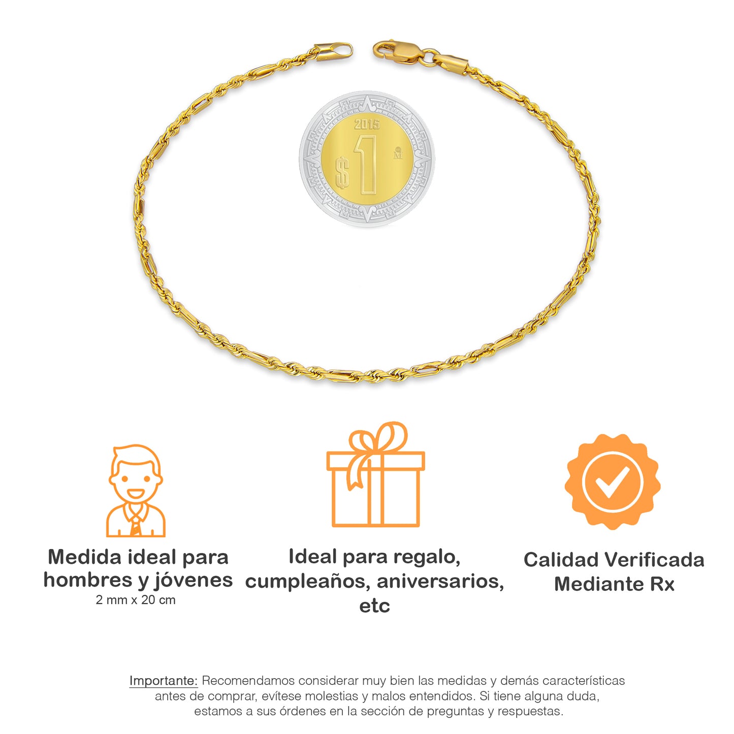 LPEPC007 Pulsera para Caballero Oro Sólido 10K Mod Torsal Fígaro Súper Ligera 2 mm x 20 cm 4286630488