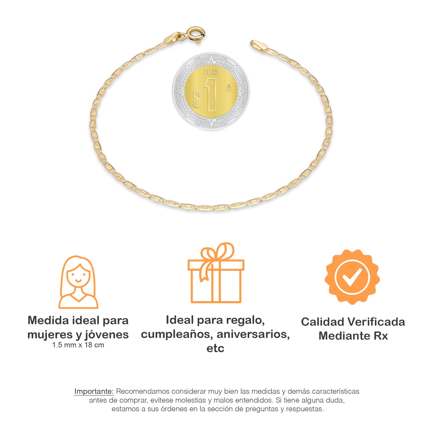 LPEPD001 Pulsera para Dama Oro Sólido 10K Mod Ancla Diamantada Florentino 1.5 mm x 18 cm 2531143989