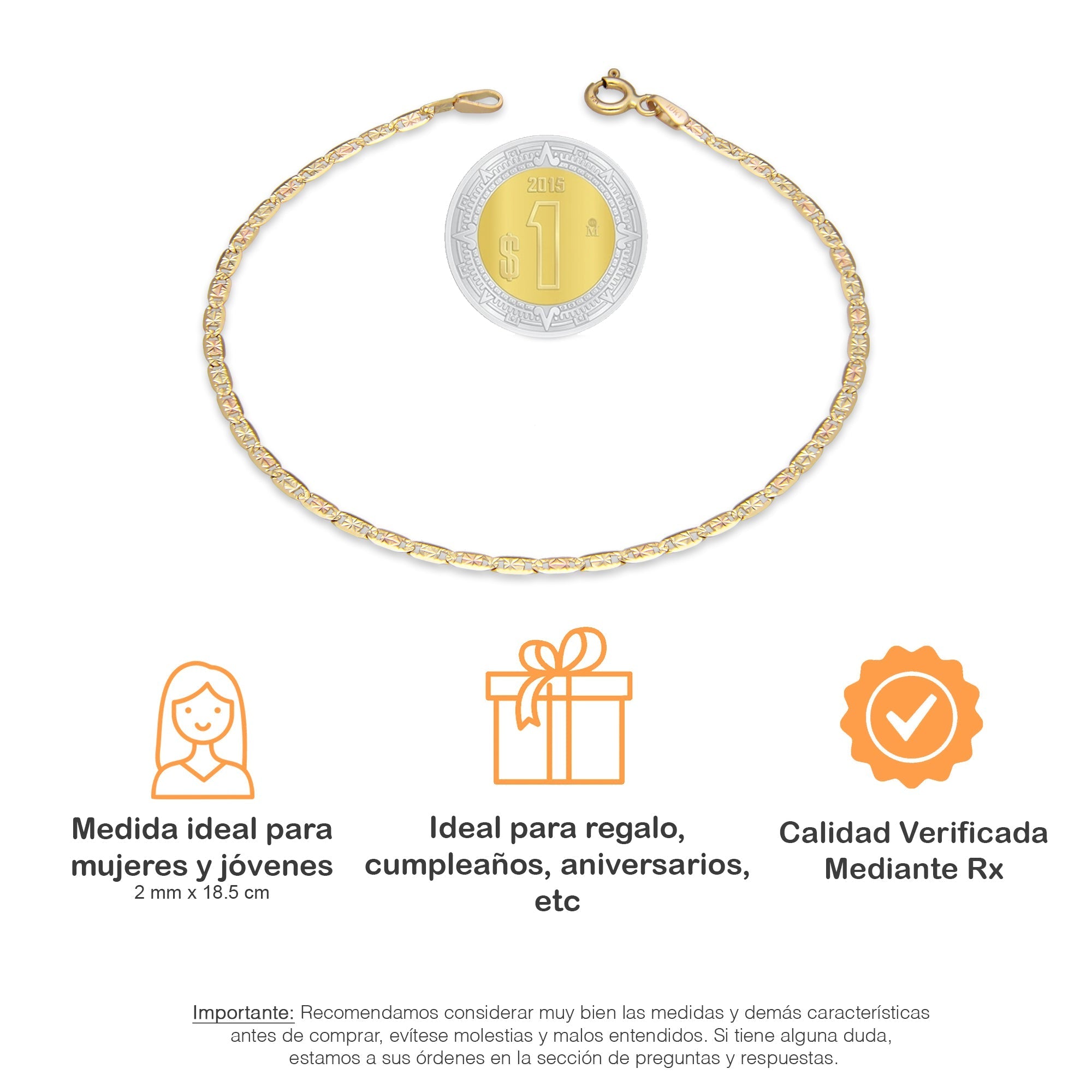 LPEPD002 Pulsera para Dama Oro Sólido 10K Mod Ancla Diamantada Florentino 2 mm x 18.5 cm 2531192873