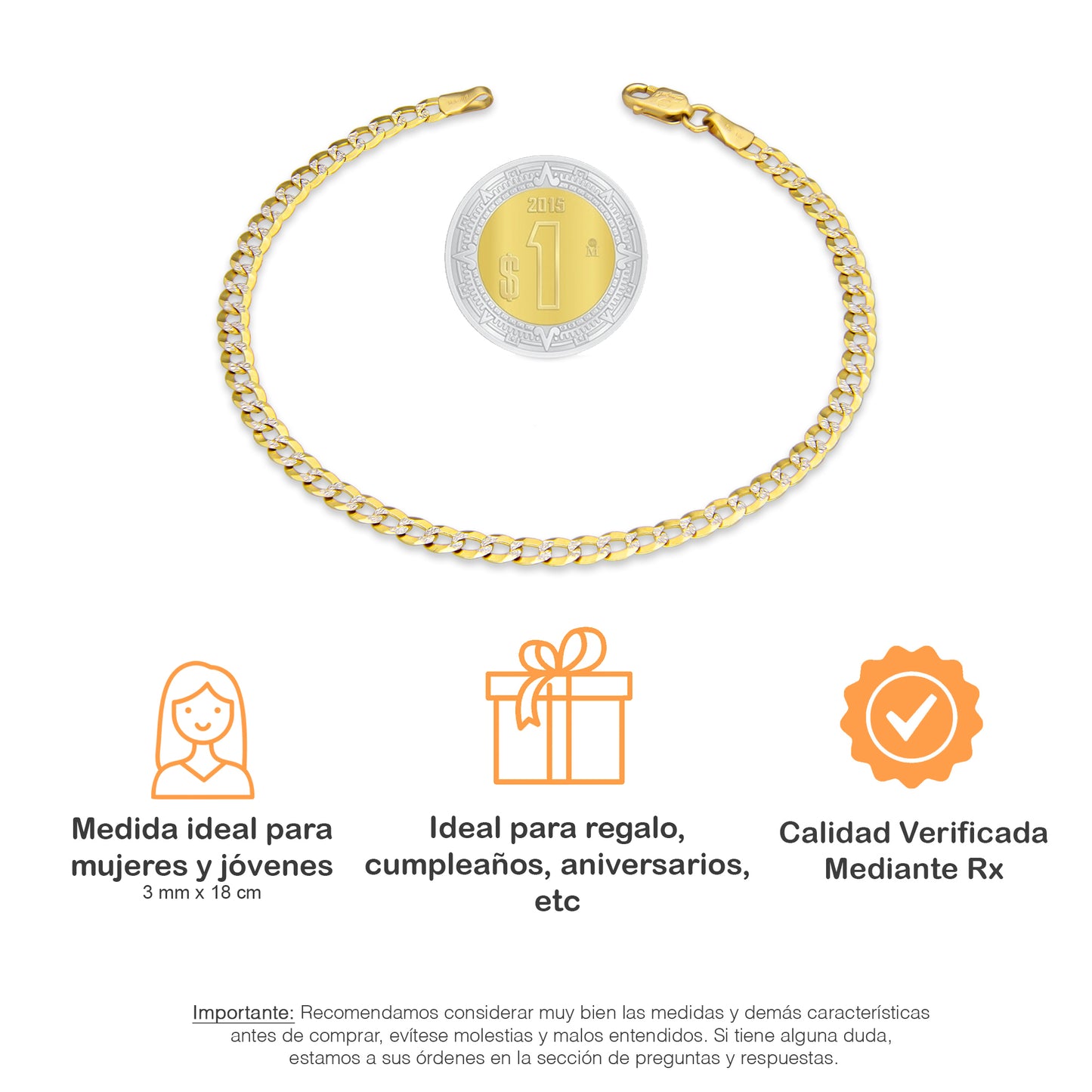 LPEPD004 Pulsera para Dama Oro Sólido 10K Mod Cubana Americana Diamantada 3 mm x 18 cm 4287925140