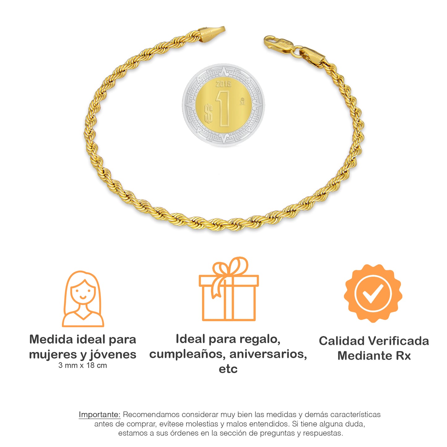 LPEPD005 Pulsera para Dama Oro Sólido 10K Mod Torsal Lisa Súper Ligera 3 mm x 18 cm 4287535642