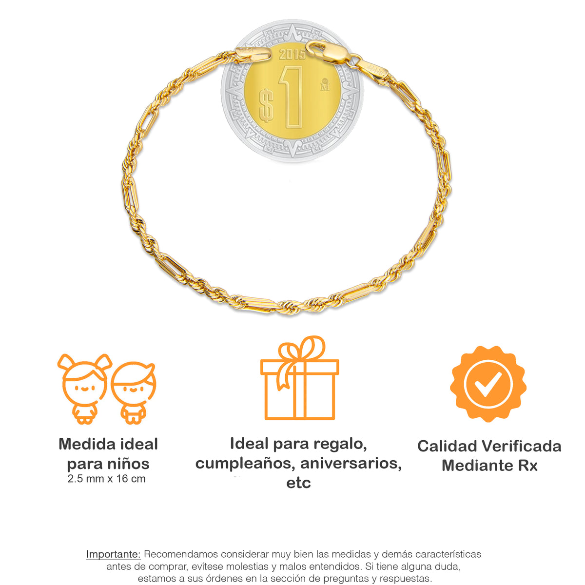 LPEPN004 Pulsera Oro Sólido 10K Mod Torsal Fígaro 2.5 mm x 16 cm