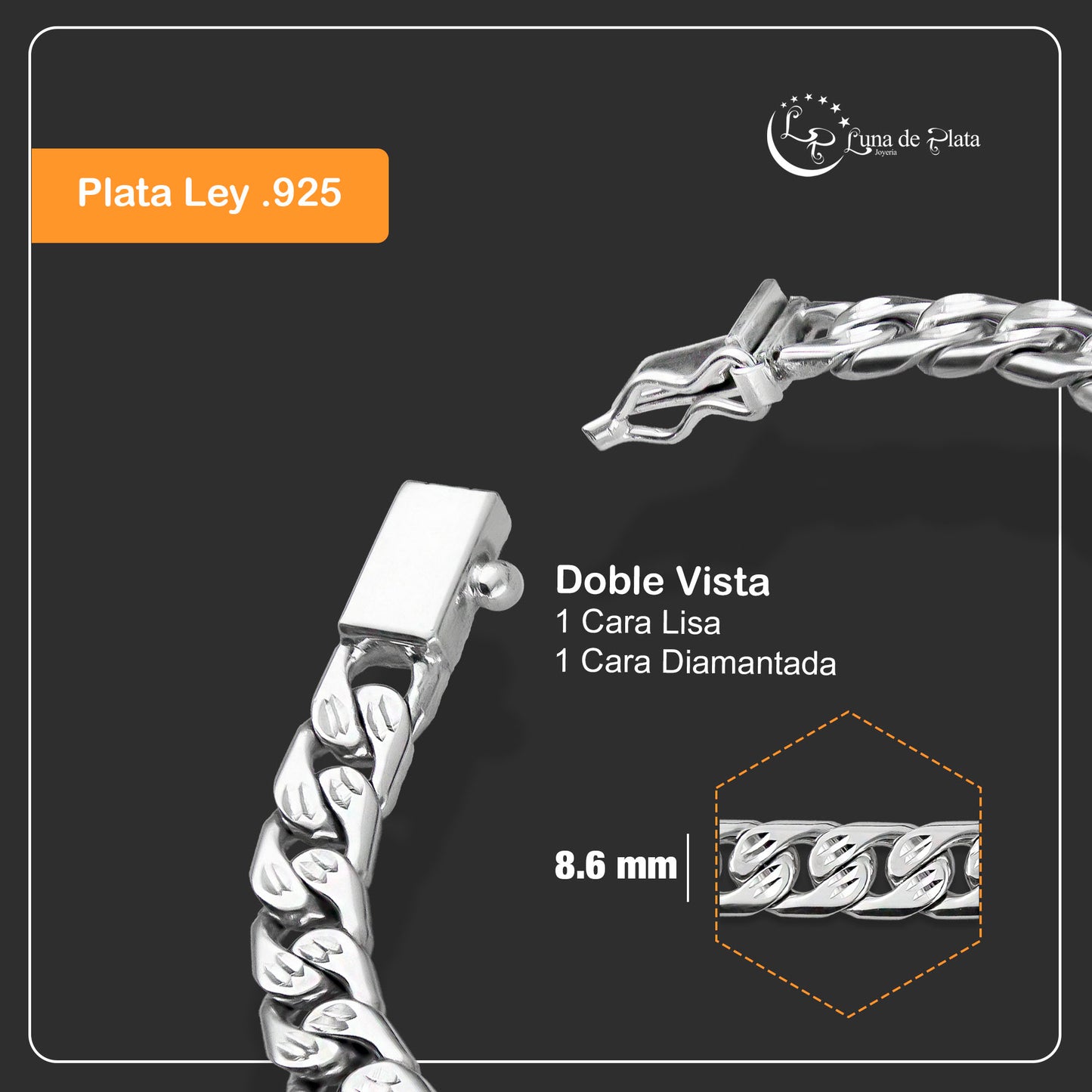 LPPC021 Pulsera Mod Cubana Diamantada 8.6 mm x 20 cm en Plata Ley .925 1362130260