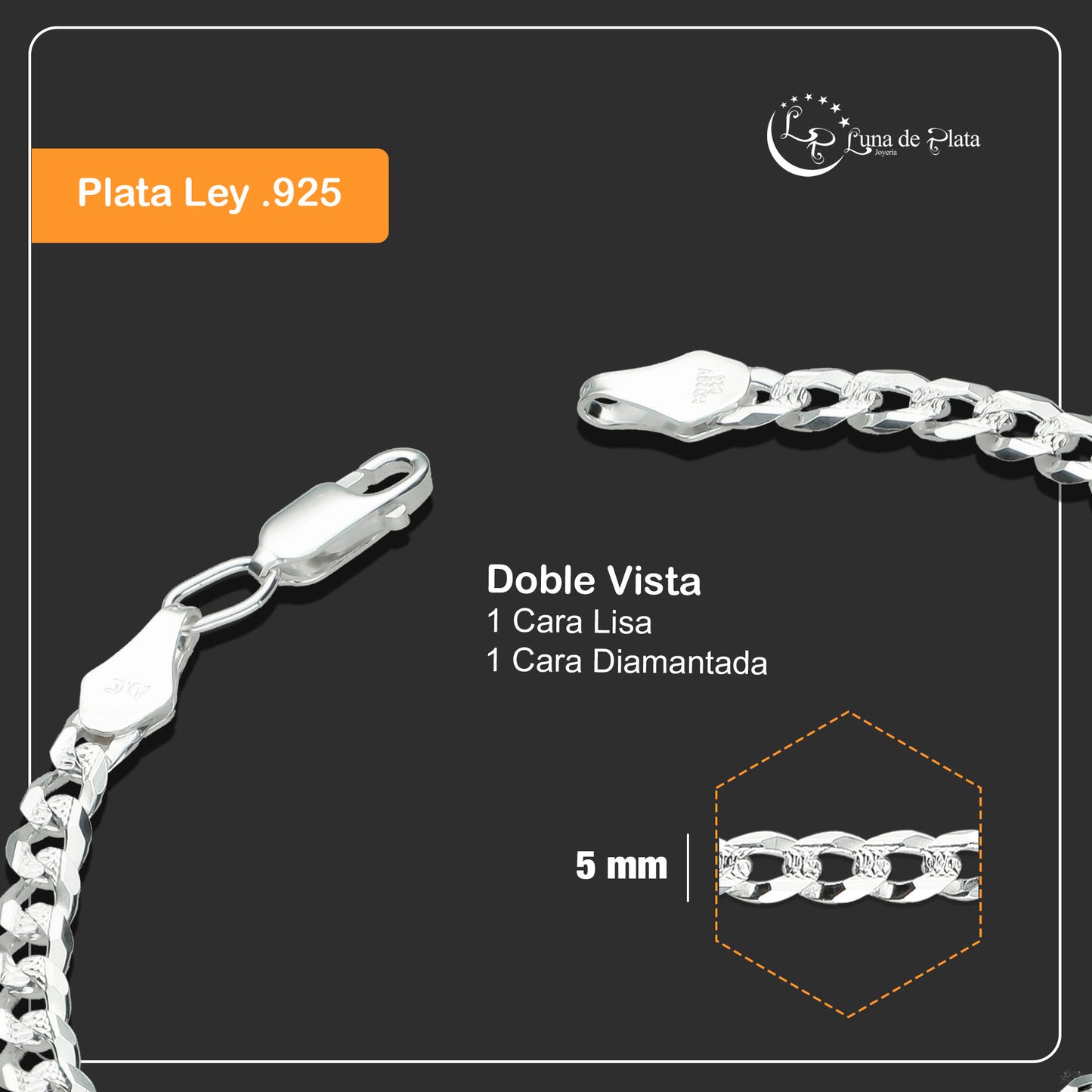 LPPC029 Pulsera Cubana Americana Diamantada 5 mm x 20 cm en Plata Ley .925 1369916096