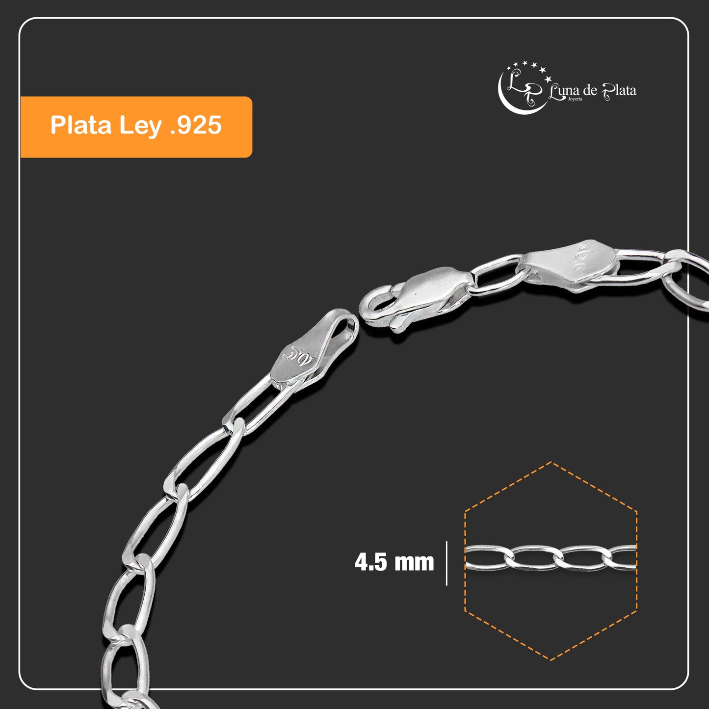 LPPC034 Pulsera Fígaro 0x1 4.5 mm x 19.5 cm Plata Ley .925 Taxco Gro 1370496423