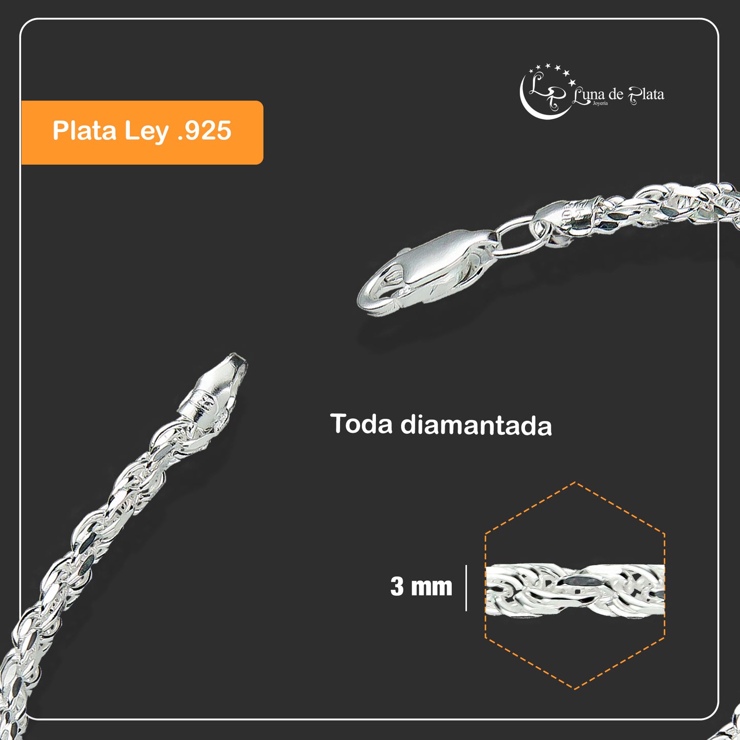 LPPC042 Pulsera Torsal Diamantada 3mm x 20cm en Plata .925 Taxco Gro 1494091616