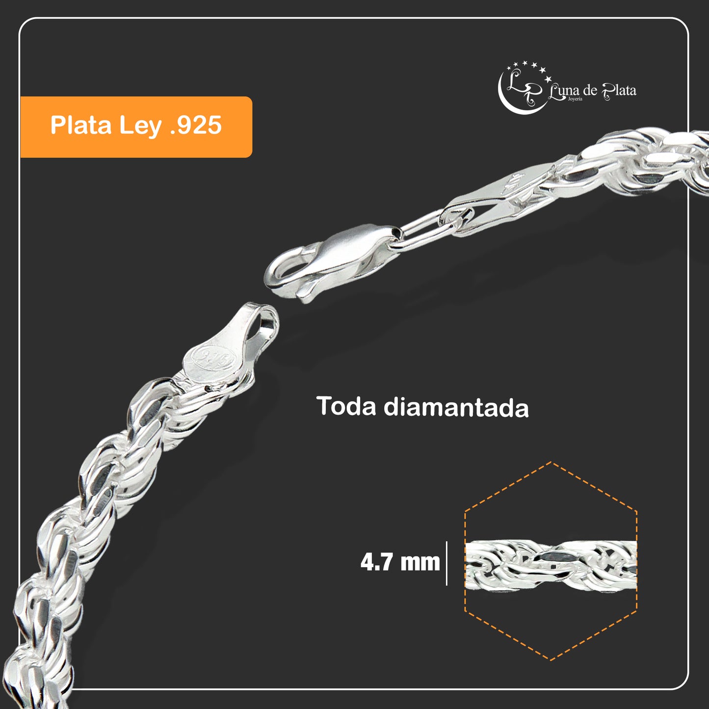 LPPC044 Pulsera Torsal Diamantada 4.7 mm x 20 cm en Plata .925 Taxco Gro 1497491198