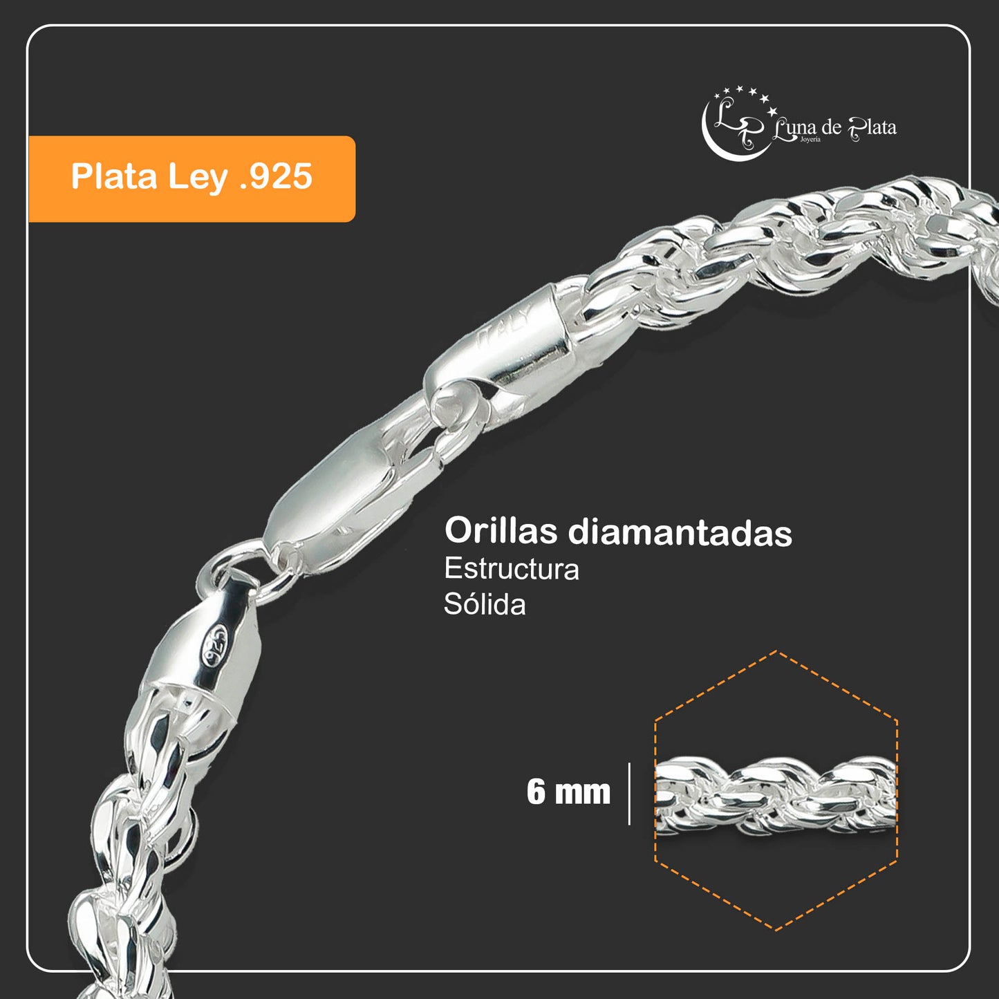 LPPC072 Pulsera Torsal Diamantada 6 mm x 21.5 cm en Plata .925 Taxco Gro 2544542496