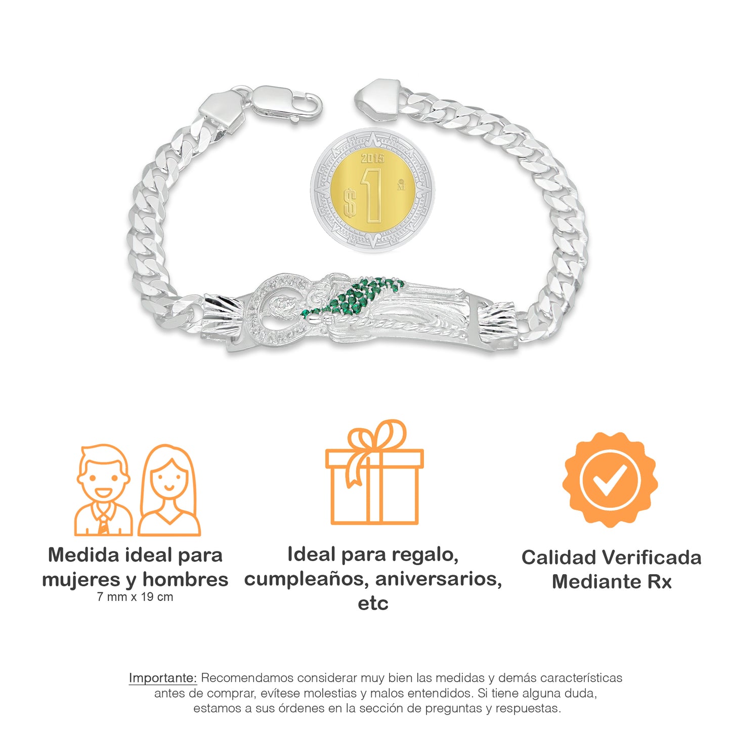 LPPC087-19 Pulsera Esclava San Judas Con Eslabones Cubano Americano 7 mm x 19 cm en Plata .925