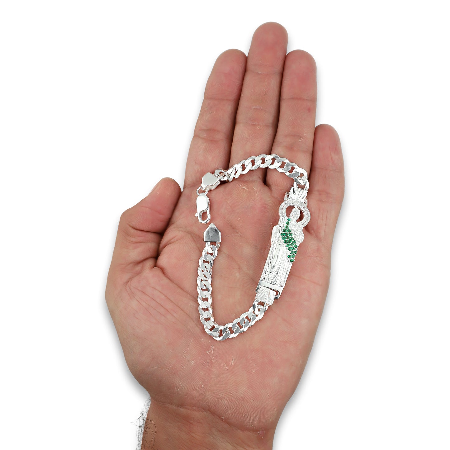 LPPC087-19 Pulsera Esclava San Judas Con Eslabones Cubano Americano 7 mm x 19 cm en Plata .925