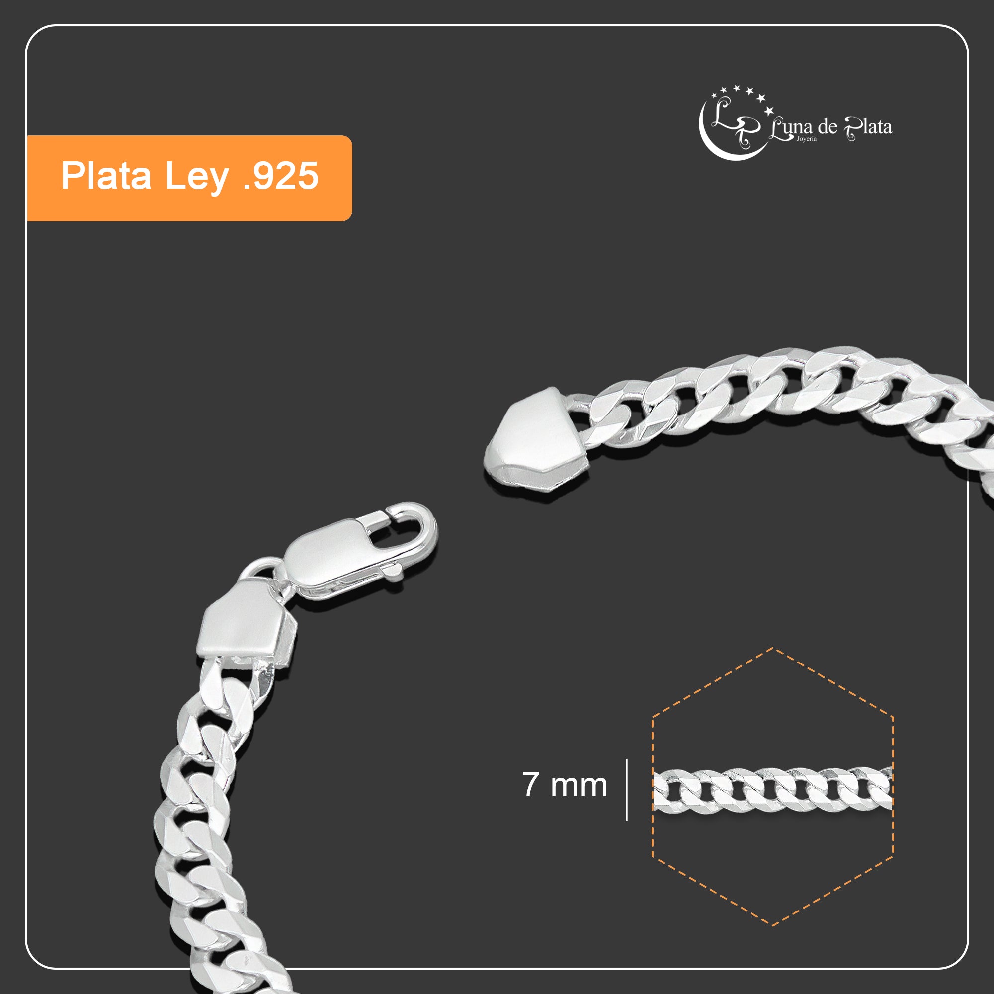 LPPC087-20 Pulsera Esclava San Judas Con Eslabones Cubano Americano 7 mm x 20 cm en Plata .925