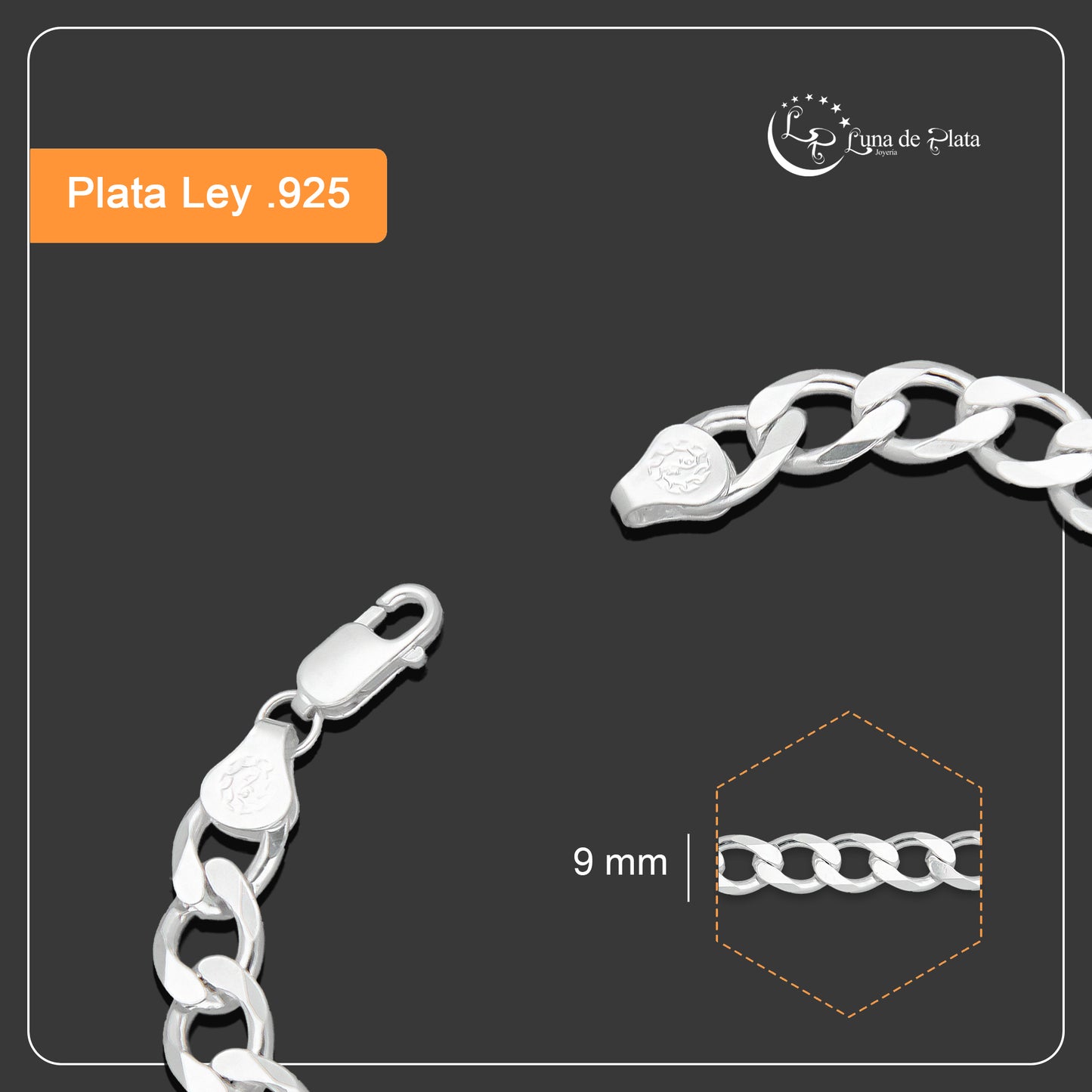 LPPC088-19 Pulsera Esclava San Judas Con Eslabones Cubano Americano 9 mm x 19 cm en Plata .925