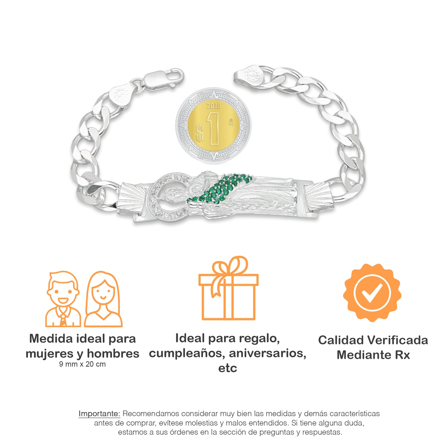 LPPC088-21 Pulsera Esclava San Judas Con Eslabones Cubano Americano 9 mm x 21 cm en Plata .925