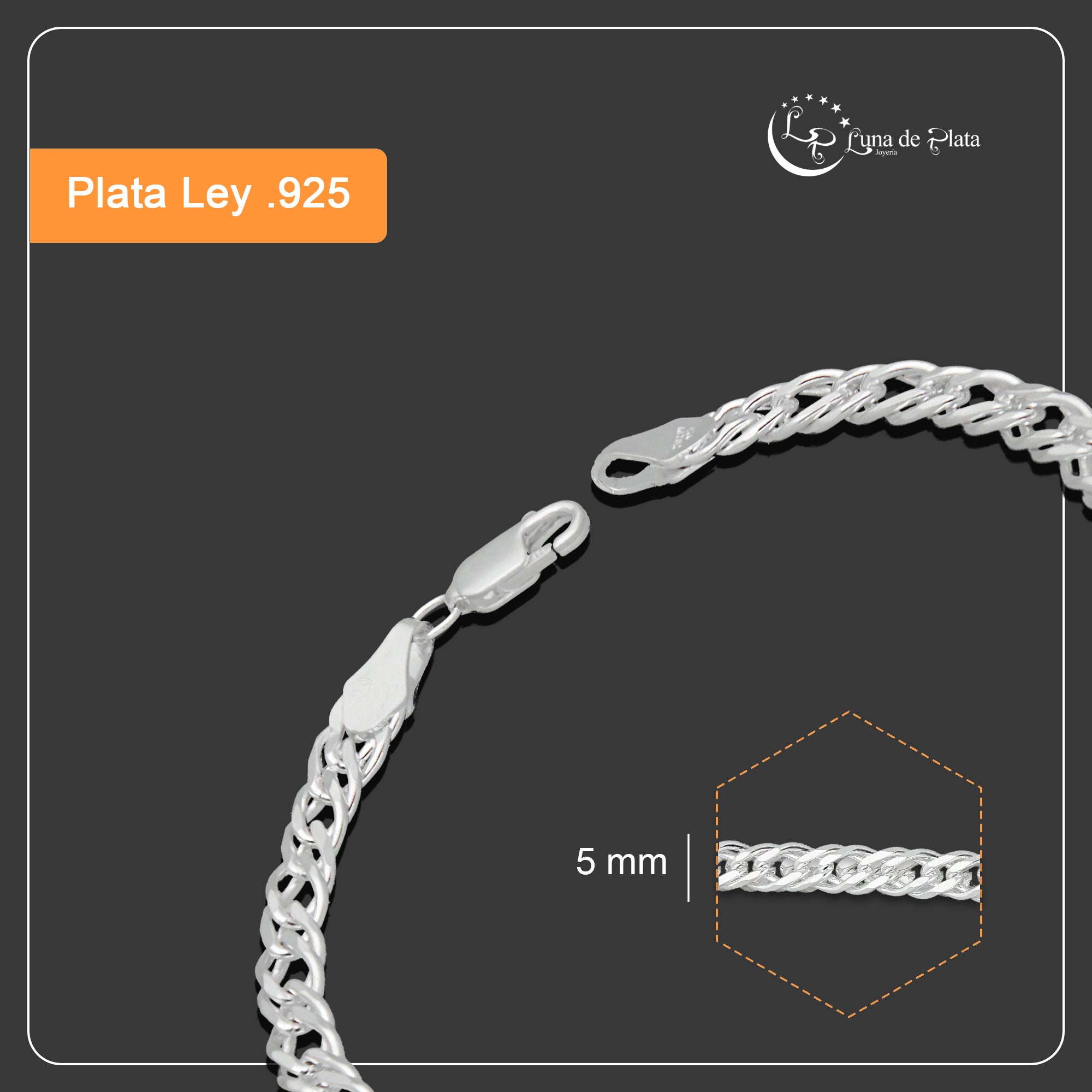 LPPC092 Pulsera Esclava Doble Rombo 5 mm x 20 cm en Plata .925