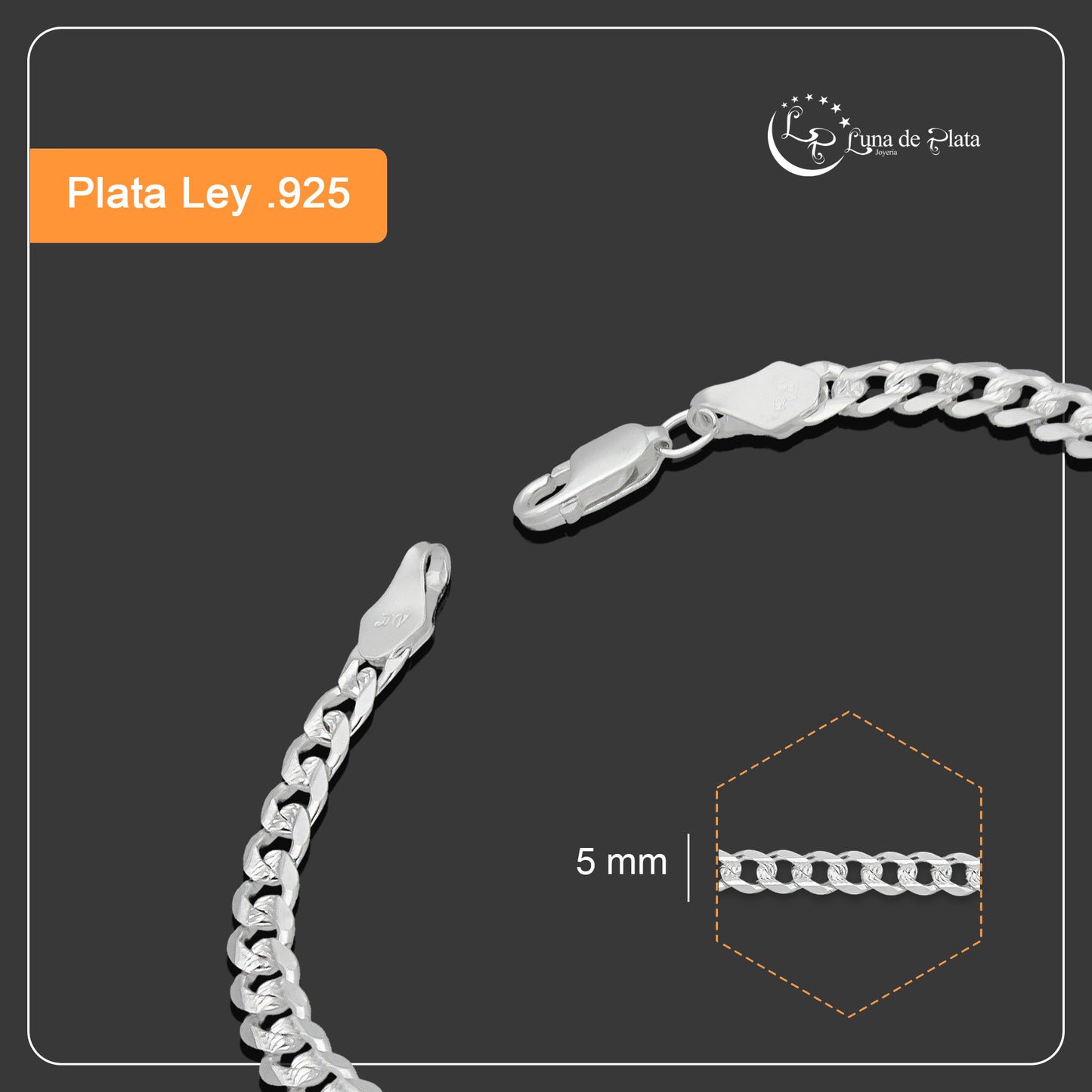 LPPC093 Pulsera Esclava Cubana Diamantada 5 mm x 19 cm en Plata .925