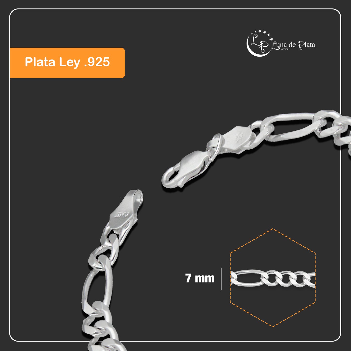 LPPC102 Pulsera Esclava Fígaro 3*1 Lisa 7 mm x 21.5 cm en Plata .925