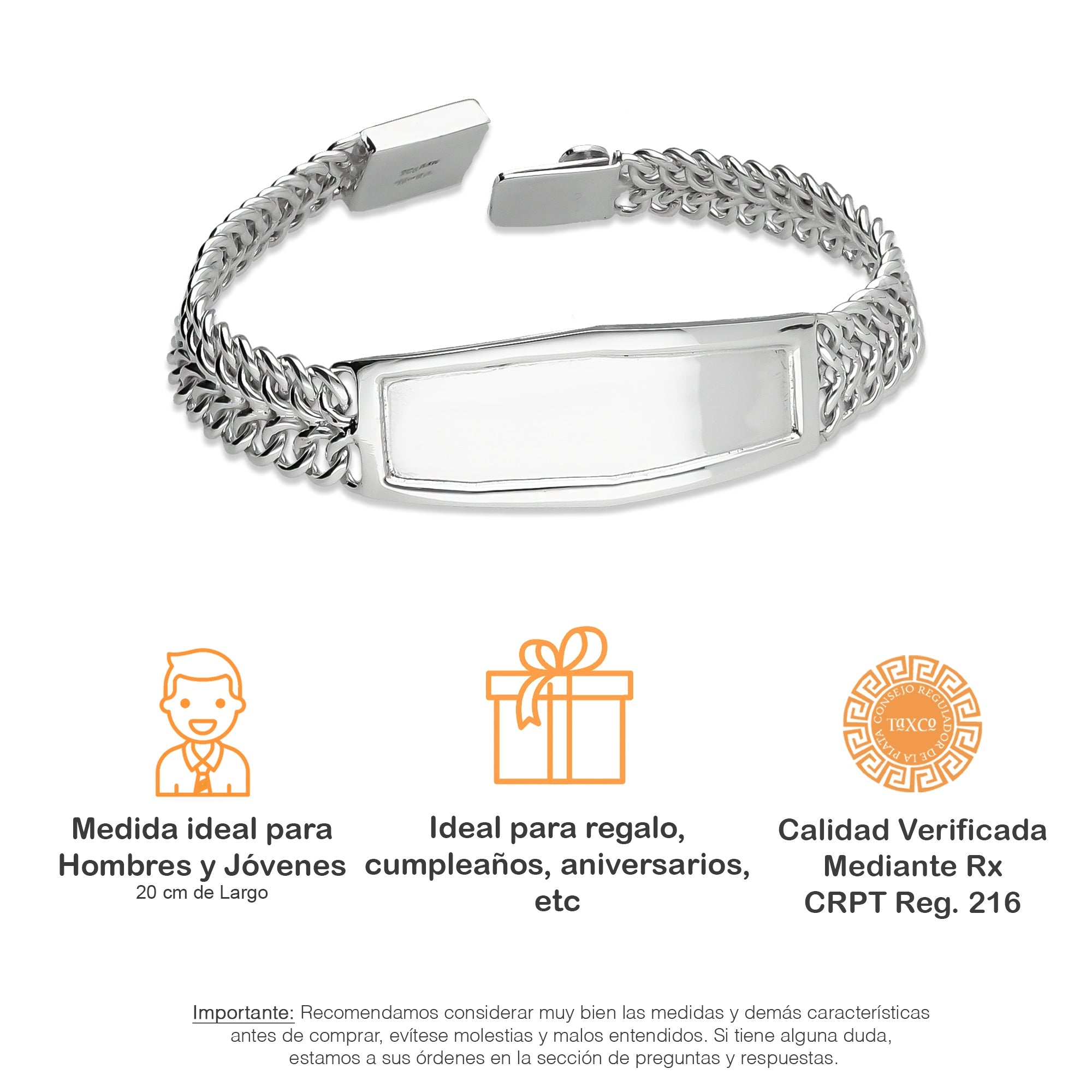 LPPC106 Pulsera Esclava Petatillo Ancha Placa con Bisel 20 cm en Plata .925 2425157931