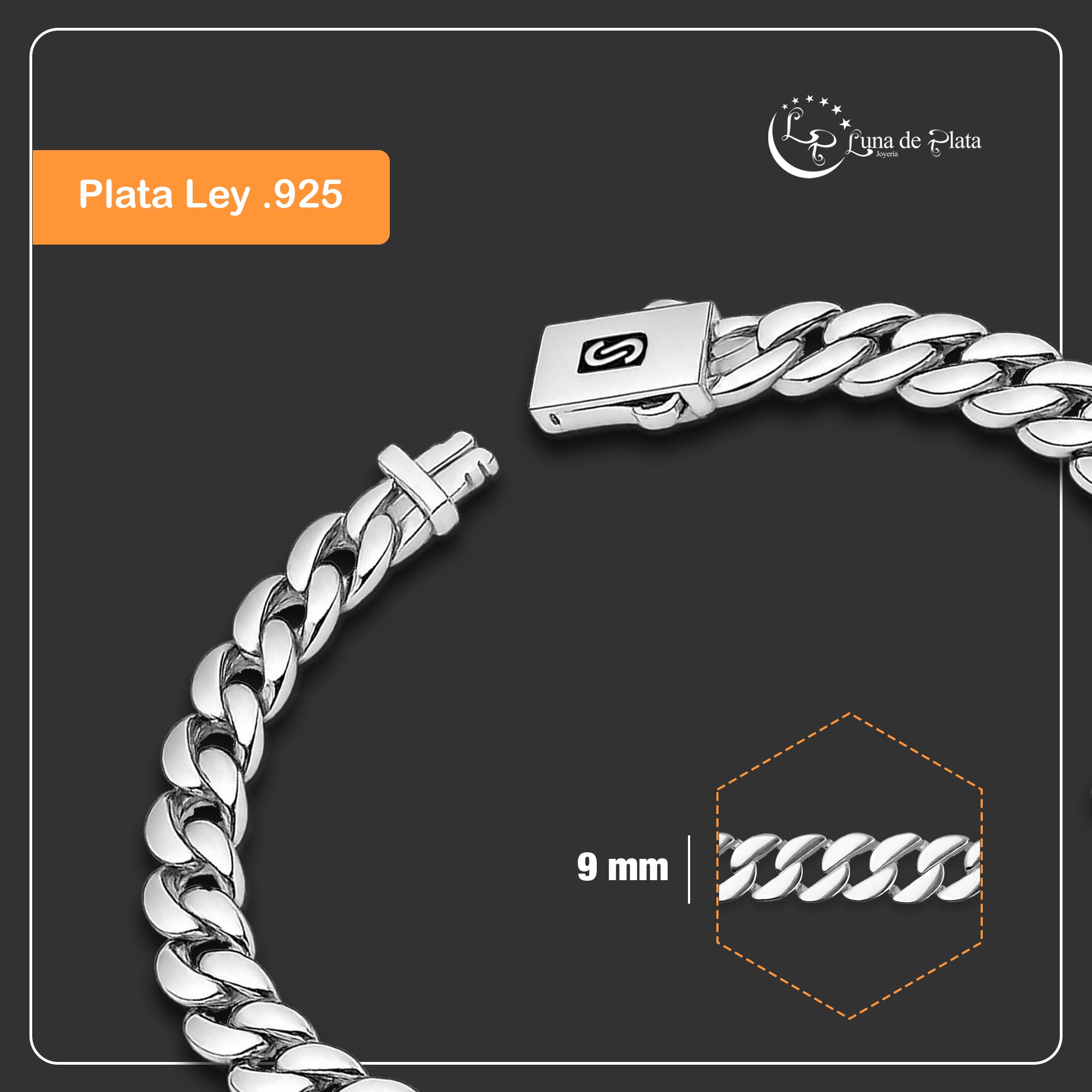 LPPC110 Pulsera Caballero Mona Cubana Lisa 9 mm x 19 cm en Plata .925 Taxco Gro 2932416835