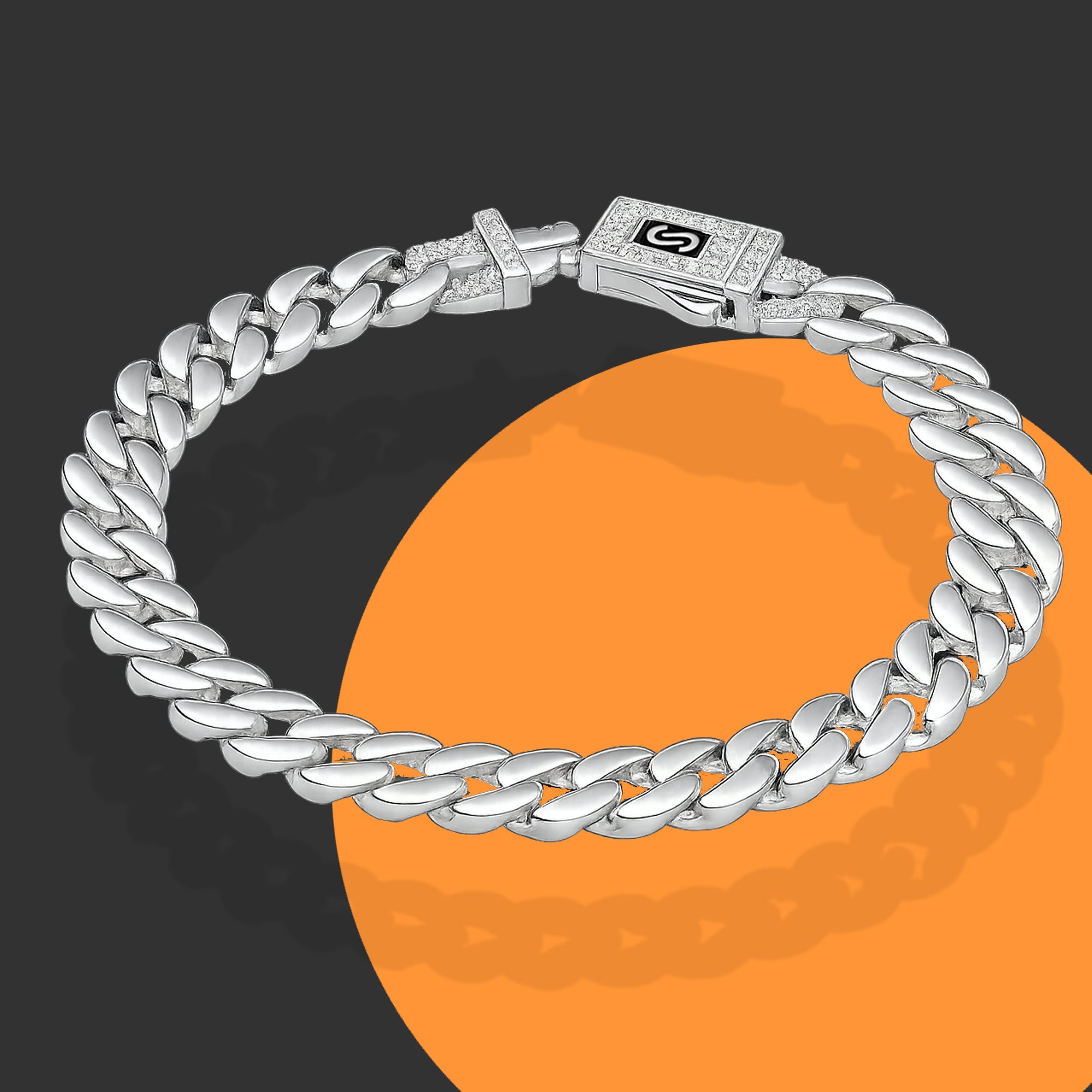 LPPC112 Pulsera Caballero Mona Cubana Lisa Broche con Zirconias 9 mm x 21 cmen Plata .925 Taxco Gro 2932372037