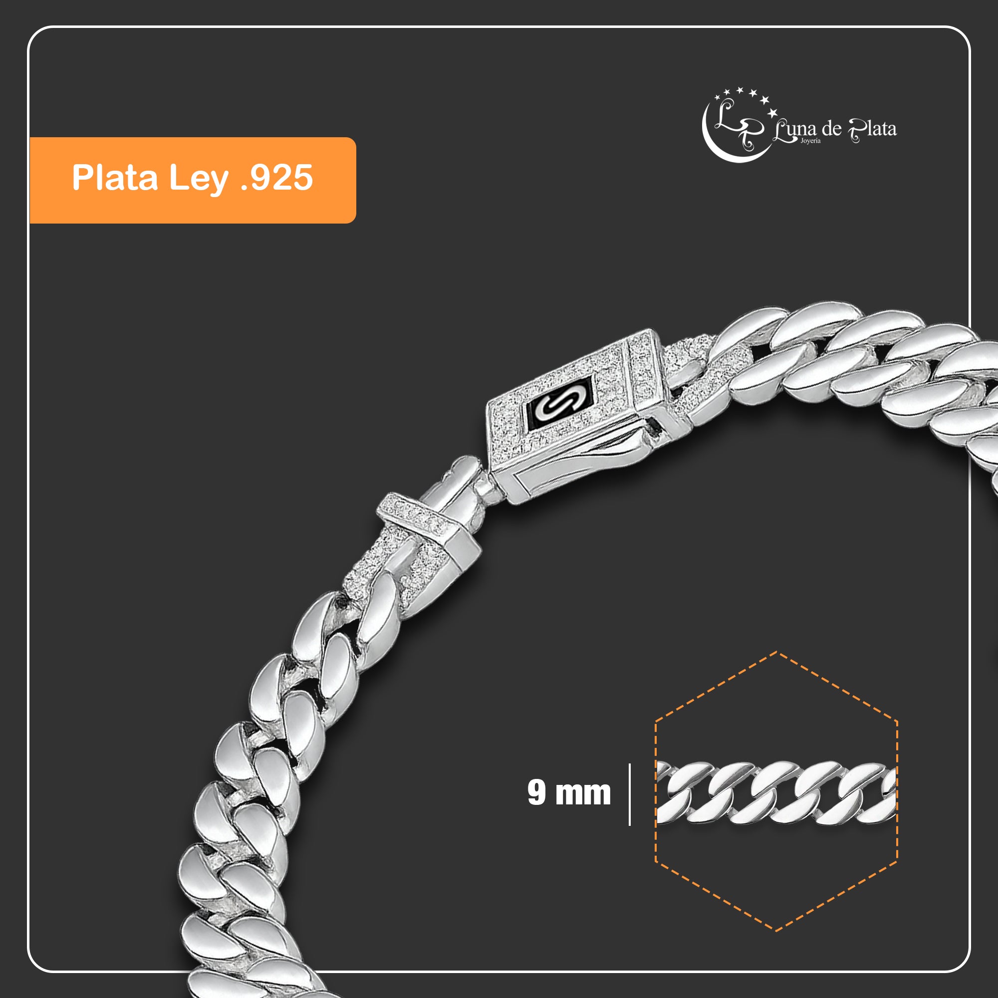 LPPC112 Pulsera Caballero Mona Cubana Lisa Broche con Zirconias 9 mm x 21 cmen Plata .925 Taxco Gro 2932372037