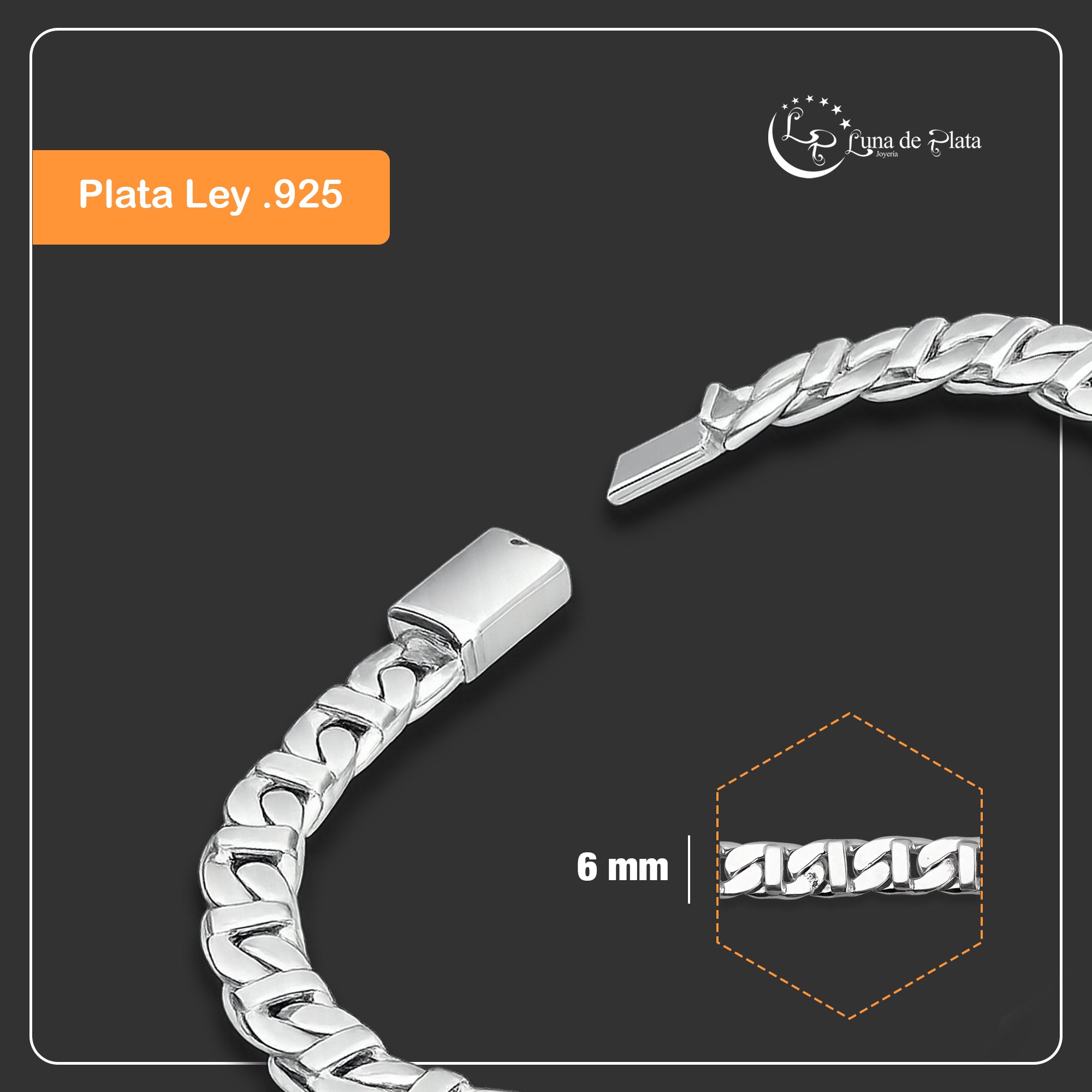 LPPC114 Pulsera Caballero Cubana Figaruchi Lisa Broche de Caja 6 mm x 19 cm en Plata .925 Taxco Gro 2932416837