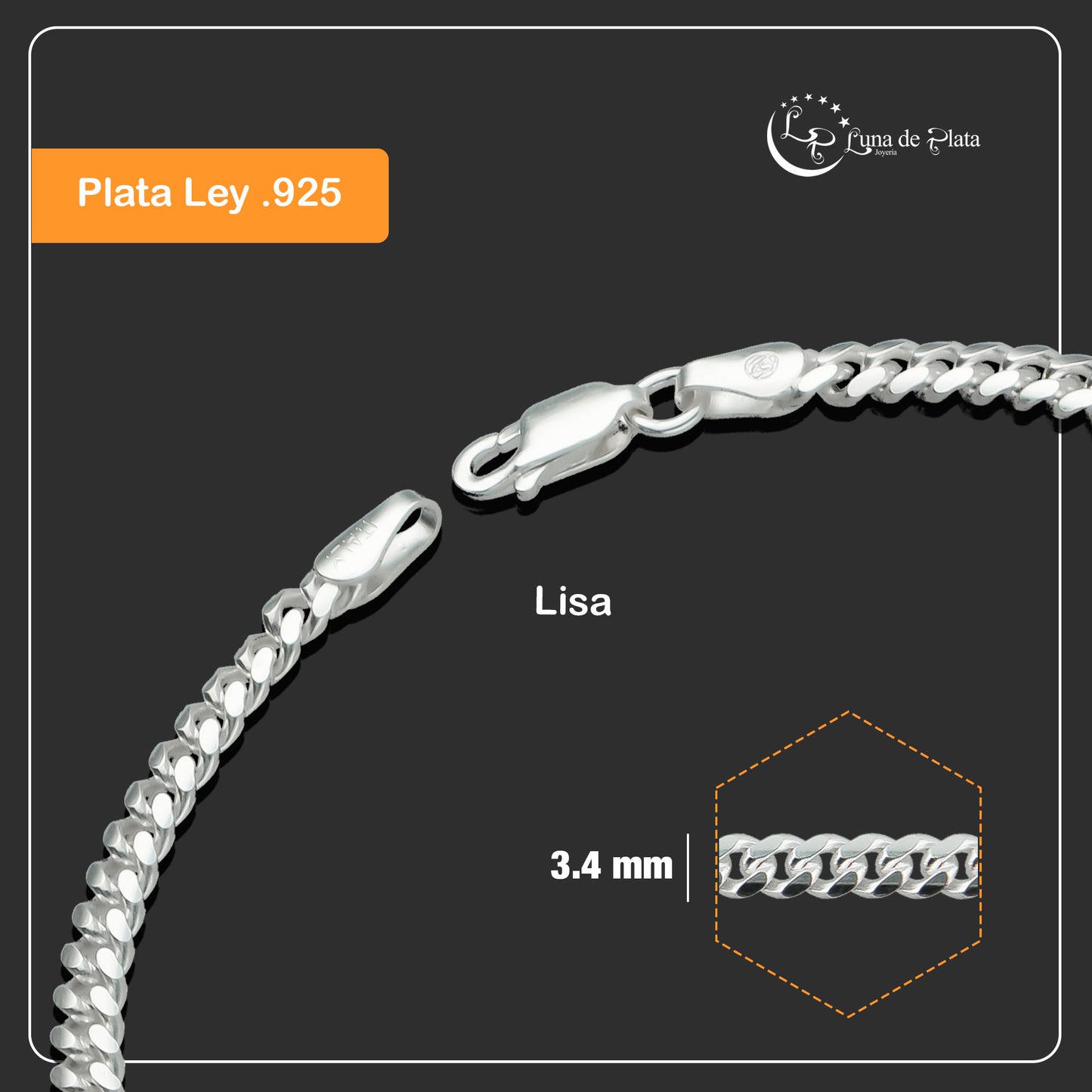 LPPD031 Pulsera Cubana 3.4 mm x 19.5 cm en Plata Ley .925 1500477957