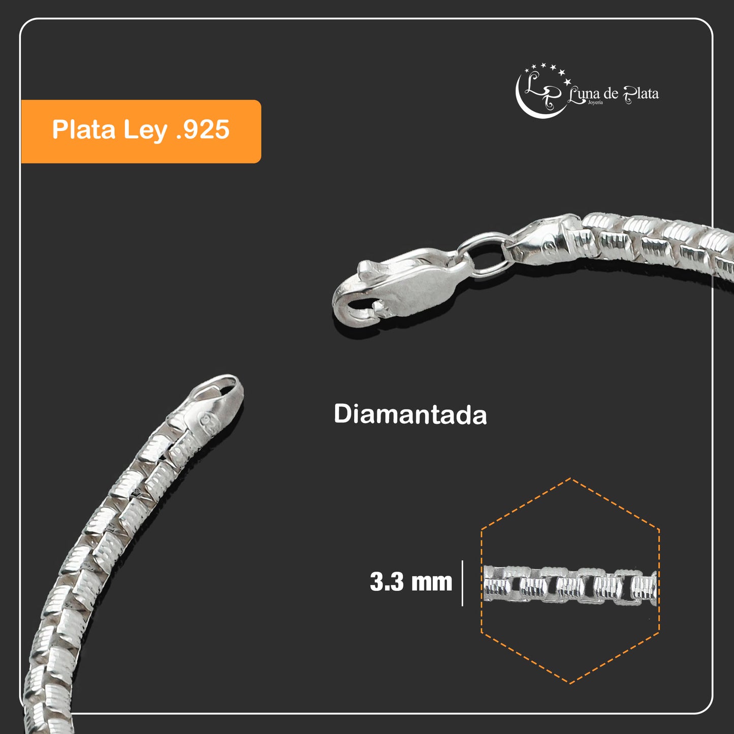 LPPD034 Pulsera Veneciana Text 3.3 mm x 18 cm en Plata Ley .925 1504602737