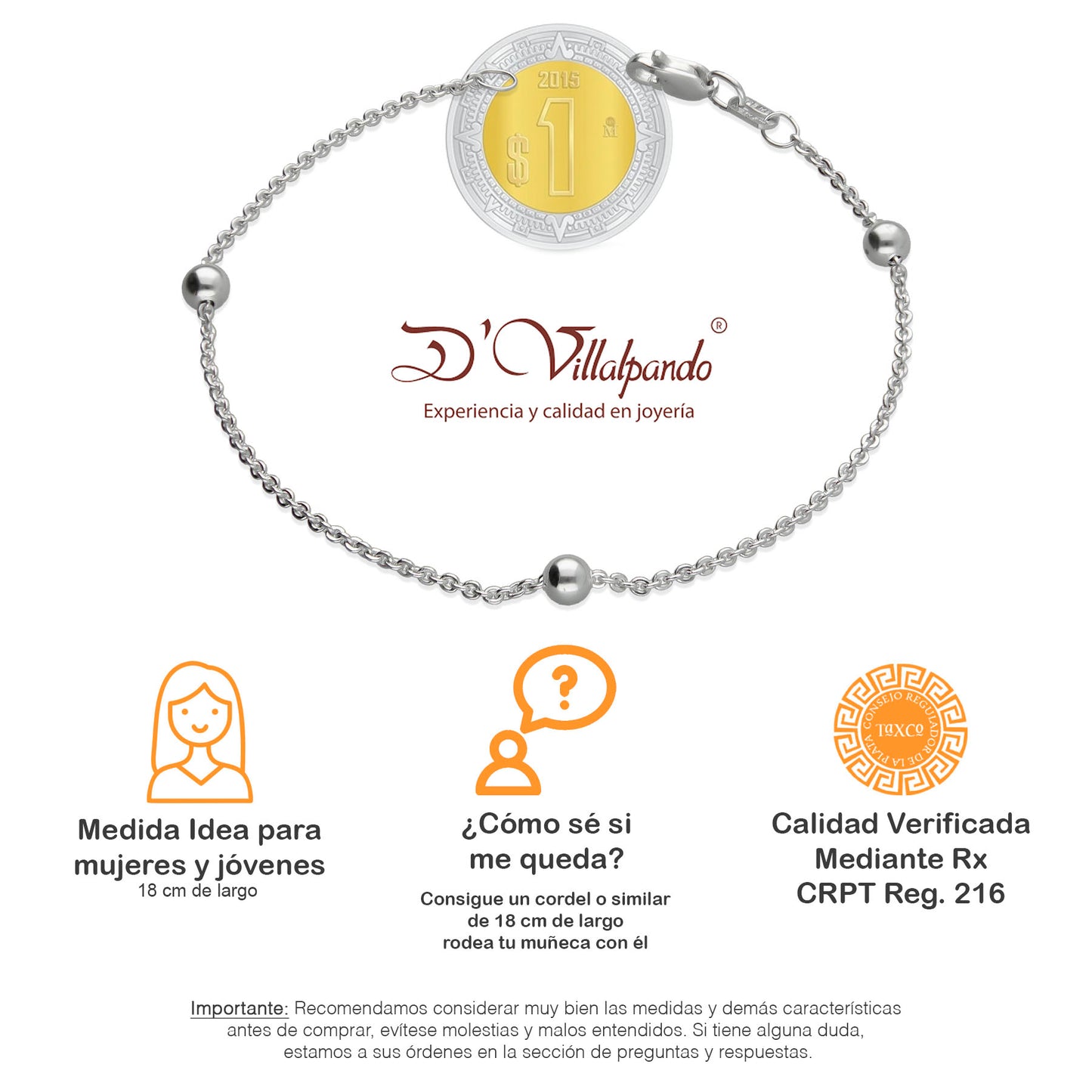 LPPD052 Pulsera Viviana 3 Bolitas 1.5 mm x 18 cm en Plata Ley .925 1532136254