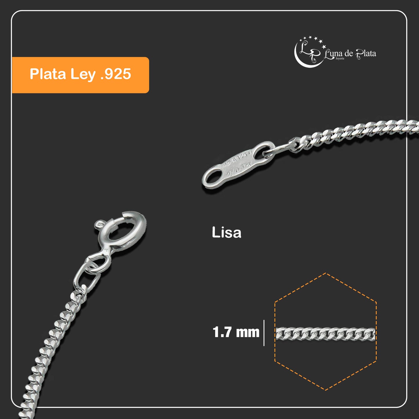 LPPD055 Pulsera Cubana 1.7 mm x 18 cm en Plata Ley .925 1535258803