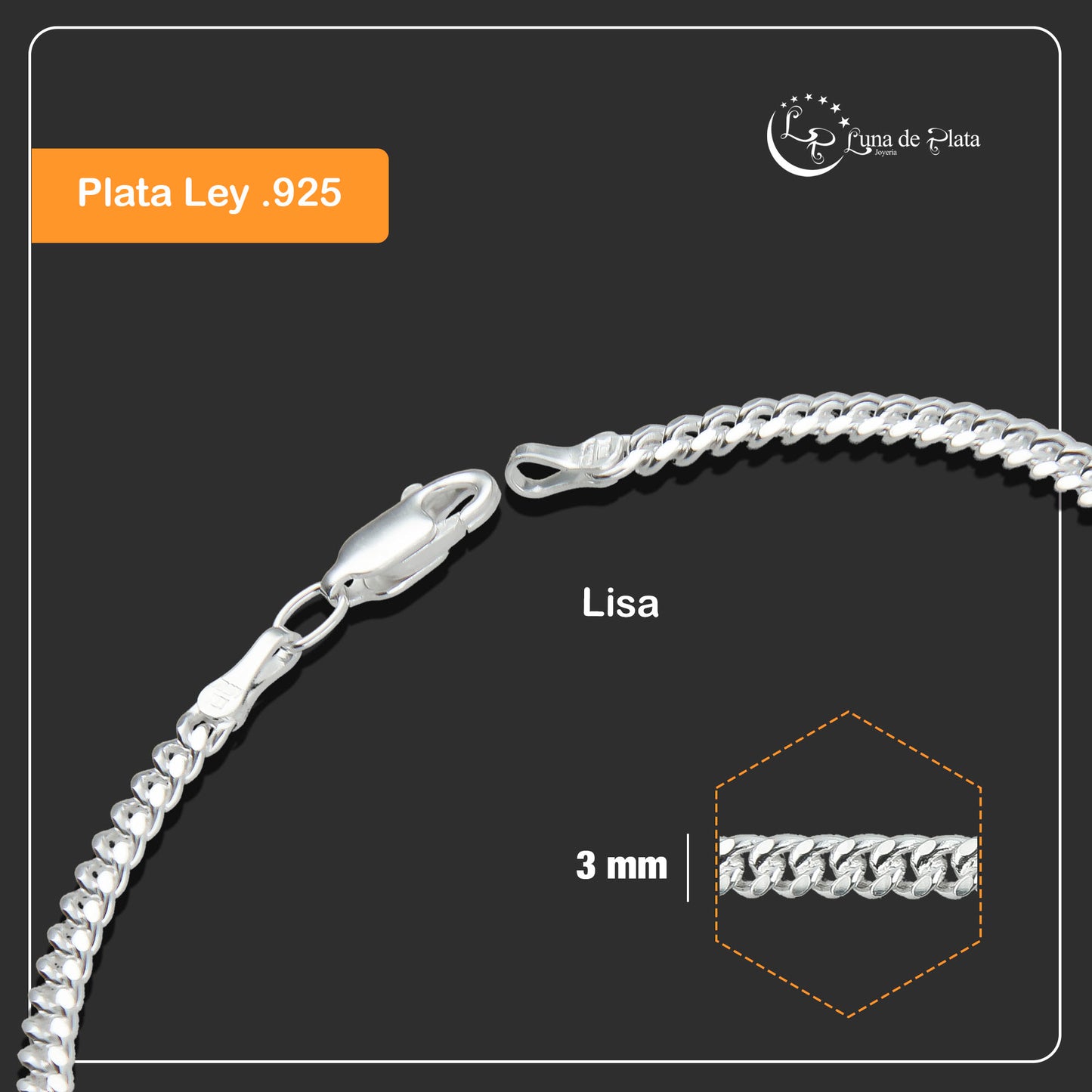 LPPD082 Pulsera Cubana Lisa 3 mm x 18.5 cm Plata Ley .925 1700769683