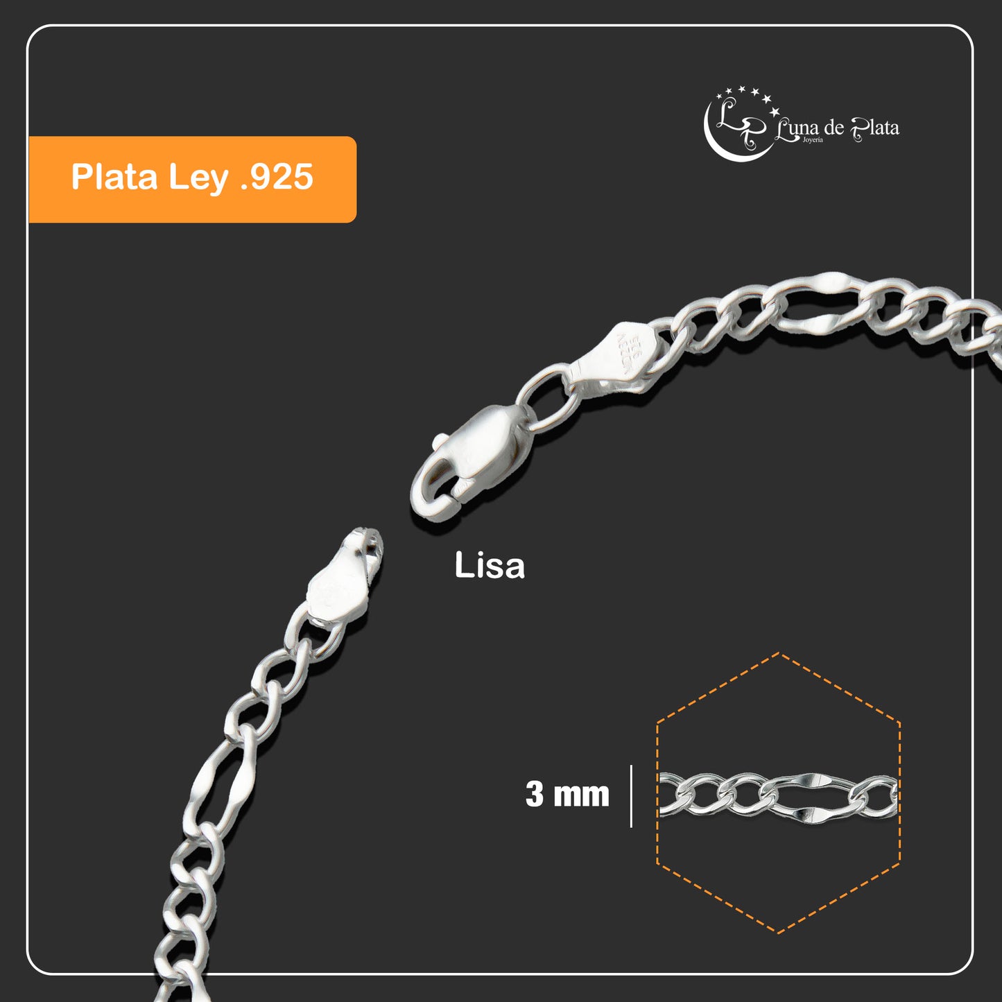 LPPD083 Pulsera Figaro Forjada 3 mm x 17.5 cm Plata Ley .925 1700758316